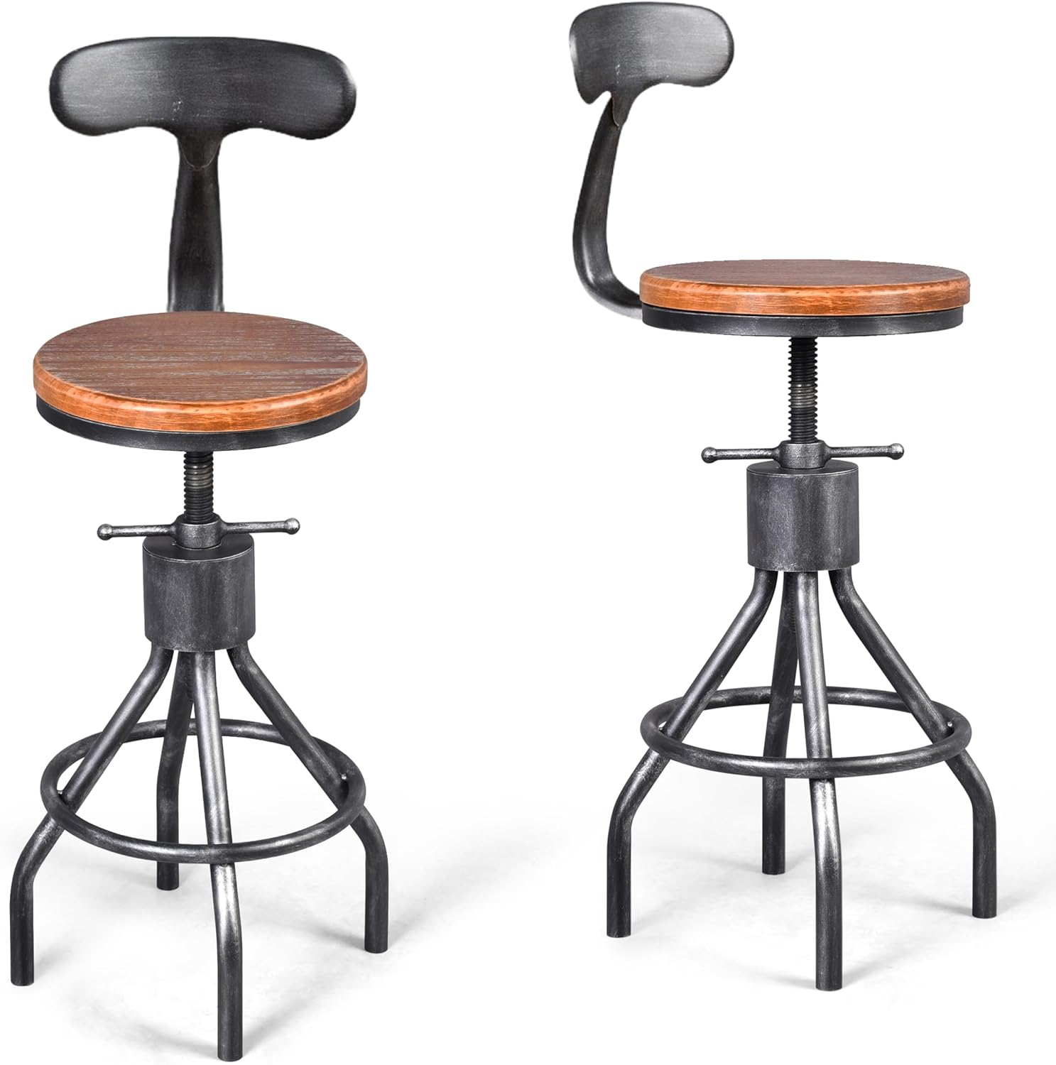 LOKKHAN Set of 2 Rustic Industrial Bar Stool-24-30 Adjustable Metal Swivel Wooden Top Barstools-Counter Height Extra Tall Bar Height-Vintage Farmhouse Kitchen Breakfast Cafe Stool-with Backrest