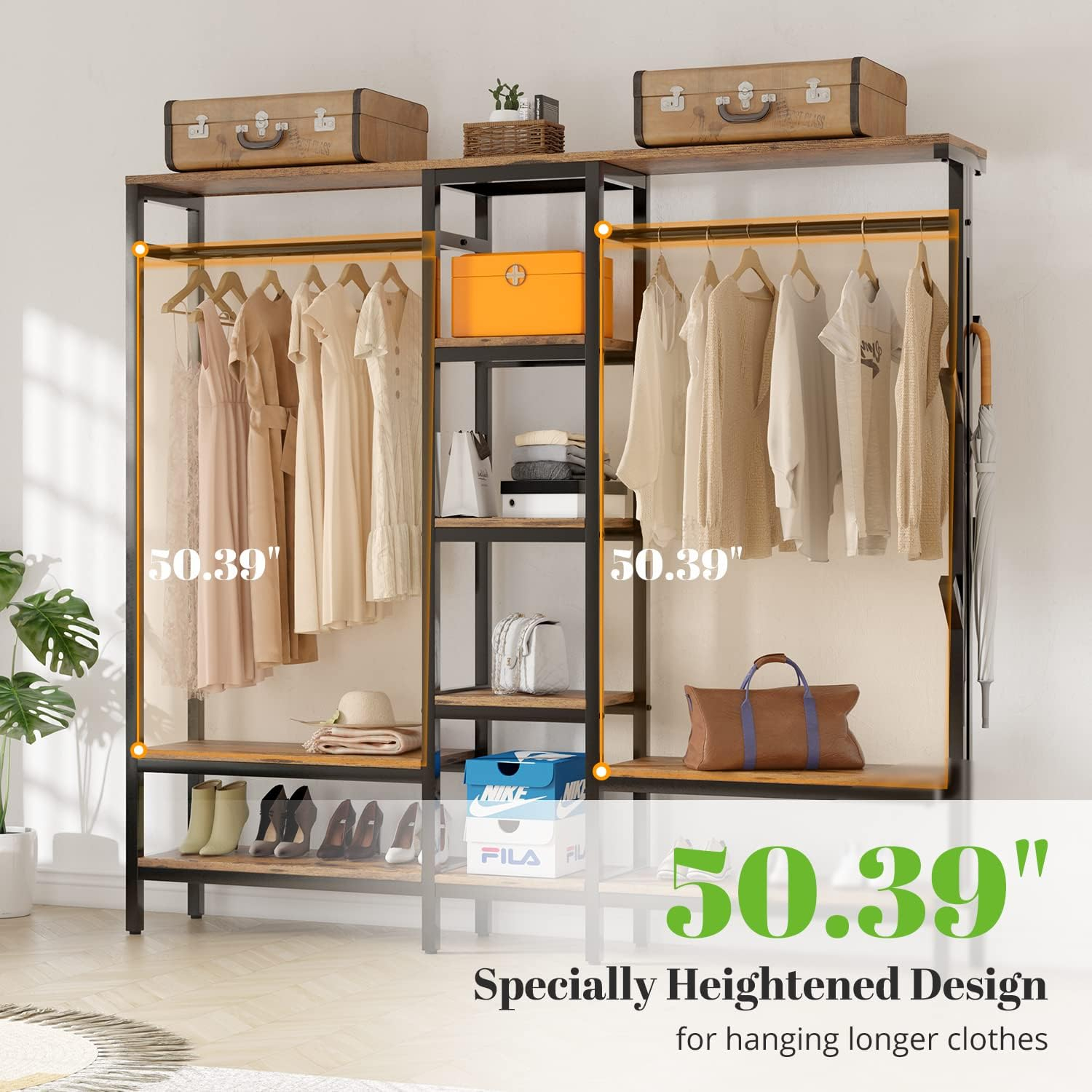 HOKEEPER Heavy Duty Extra Large Freestanding Closet Organizer With Coat Rack - Metal Wardrobe for Hanging Clothes, Storage Shelves, and Garment Rack for Bedroom