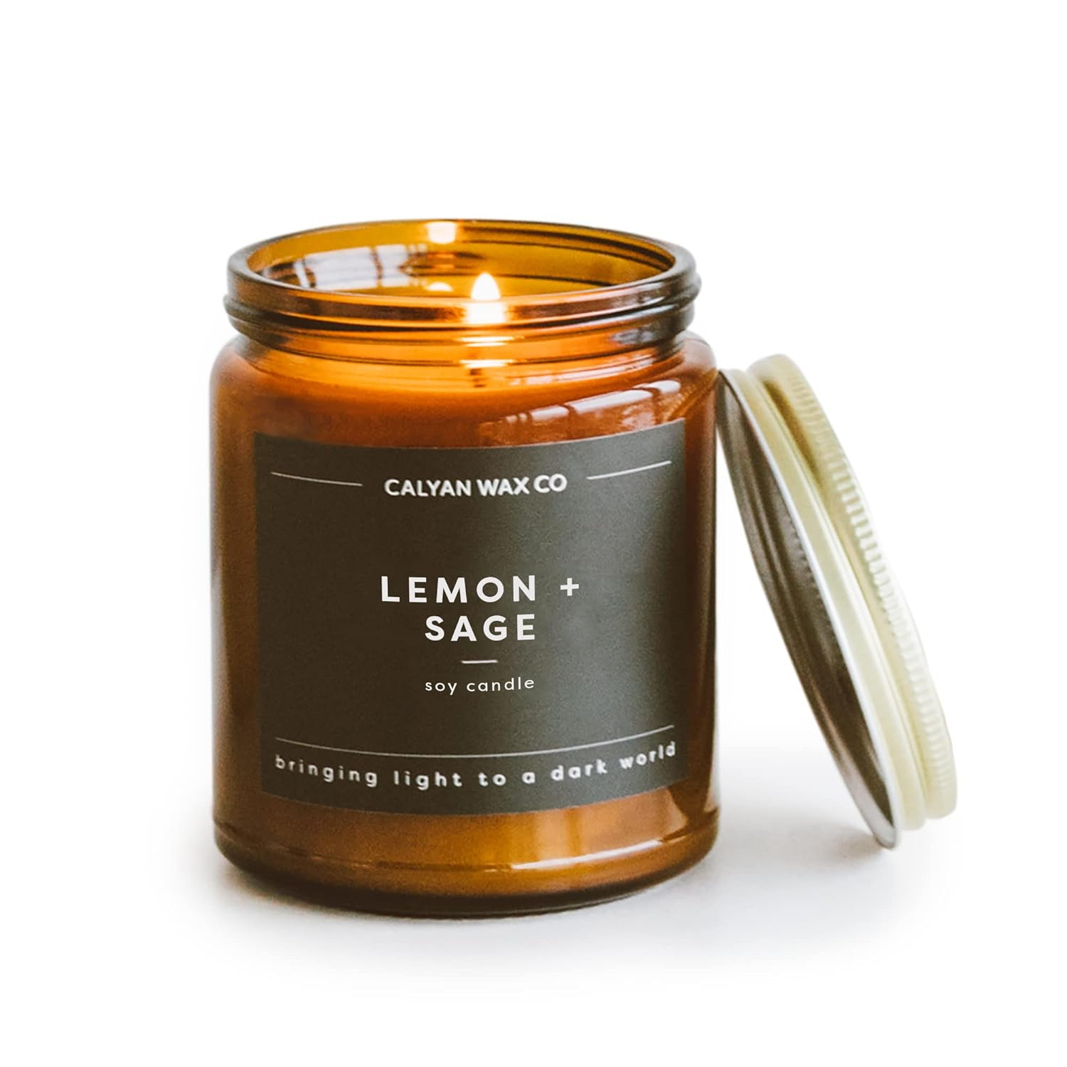 Calyan Wax Co. Soy Wax Candle, Lemon + Sage Scented Candle, 57 Hour Burn Time, Aromatherapy Soy Candles, Non Toxic & Vegan Soy Wax, Amber Glass Jar Scented Candles, 7.2oz