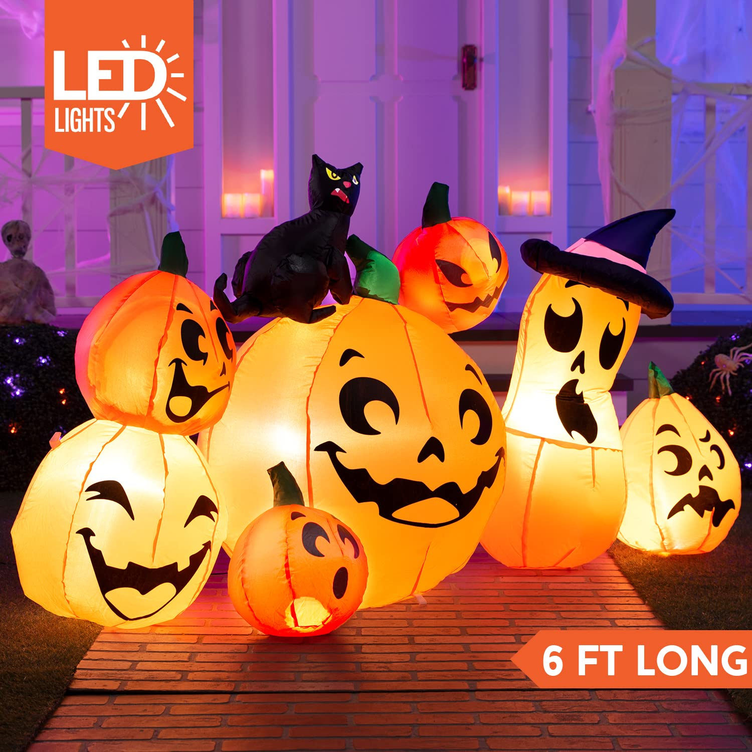 Joyfy 6 FT Halloween Inflatable Long Pumpkin with Witch's Cat Decorations Inflatables with Build-in LEDs,Halloween Decor Outdoor Blow Up Yard Decorations