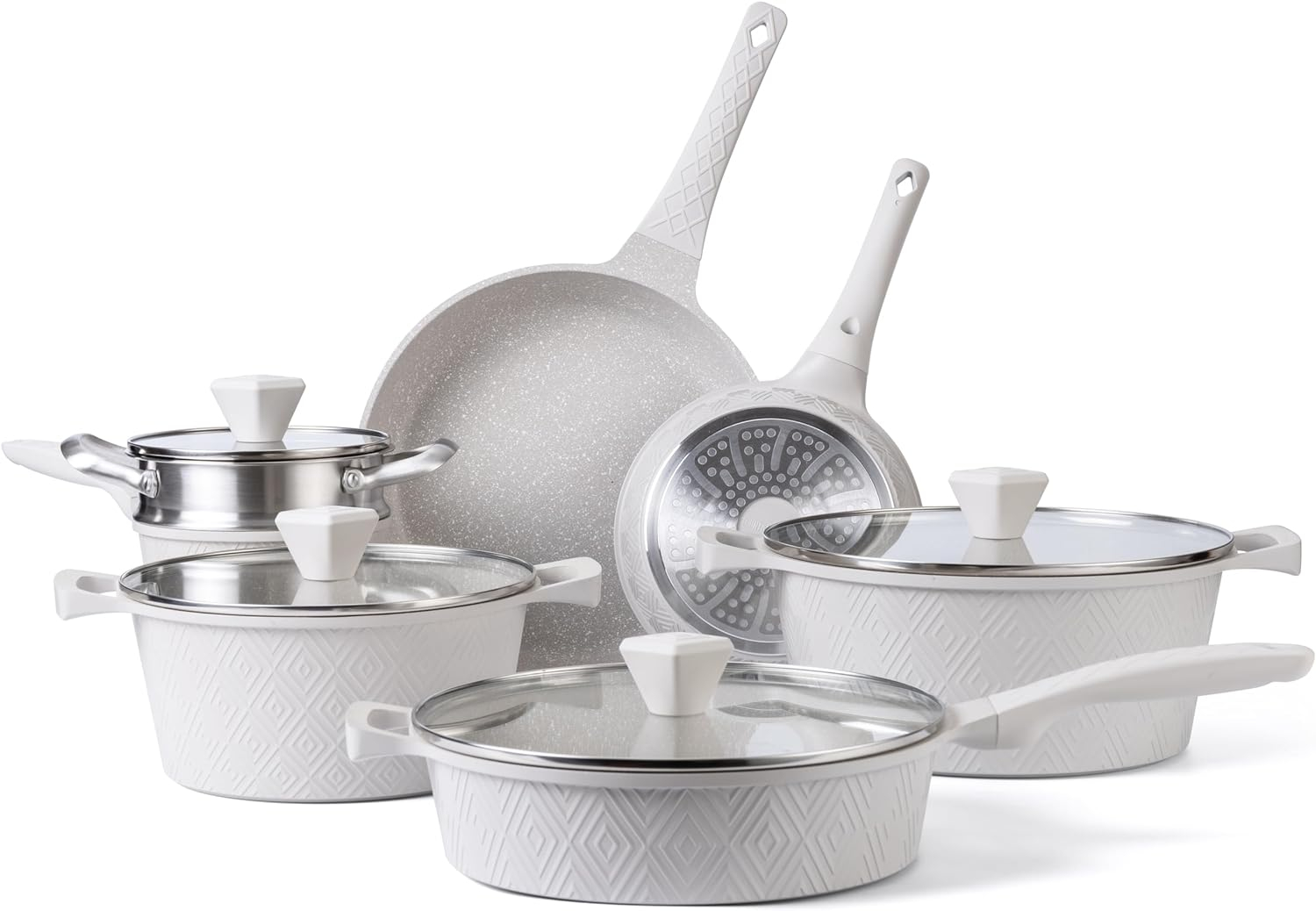 Country Kitchen 11-Pc Cast Aluminum Cookware Set Non Stick Pots and Pan Set, Cream Diamond