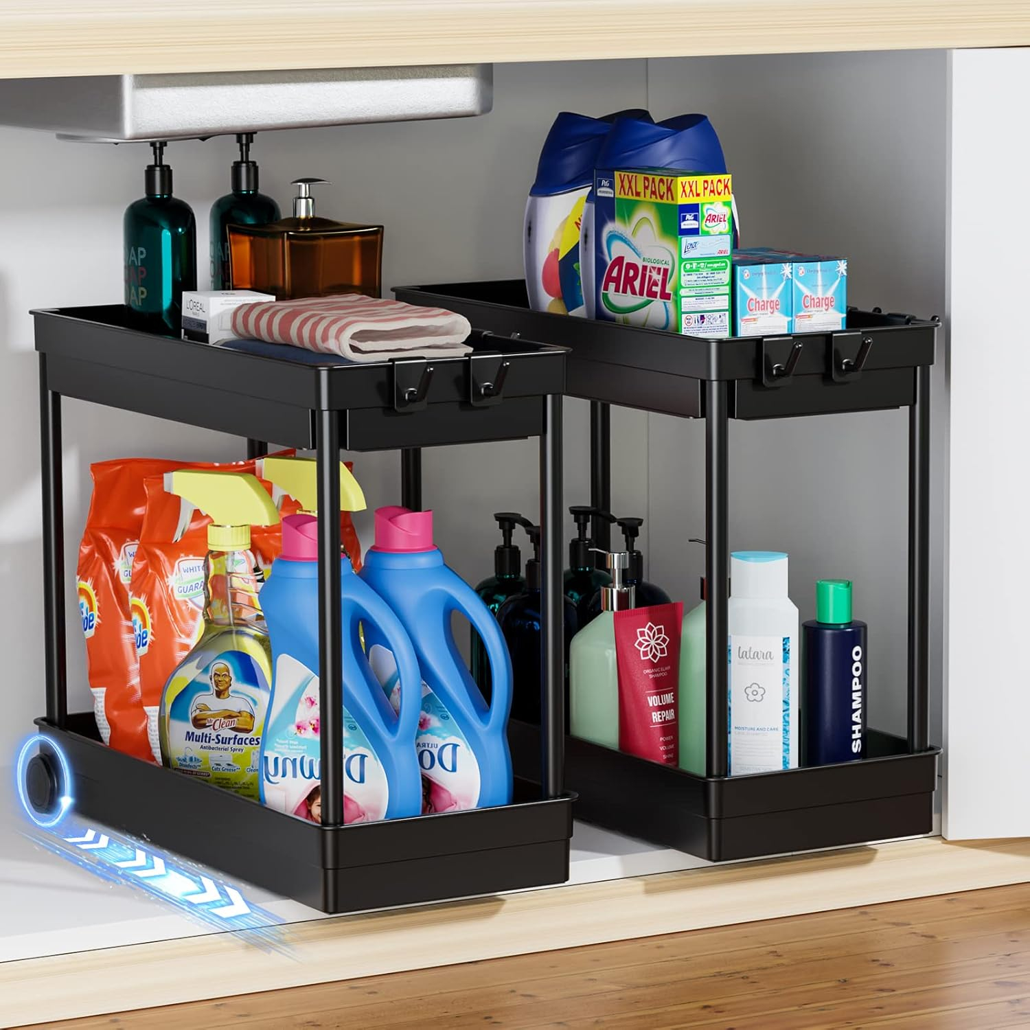 Black 2-Tier Sliding Under Sink Organizer with Hooks