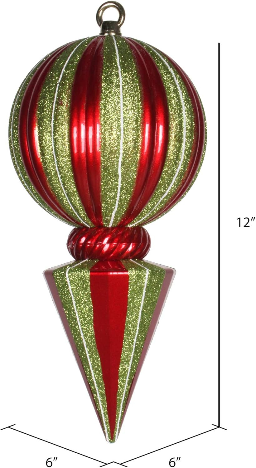 Vickerman 12" Red and Lime Striped Shiny Ball Finial Ornament with Glitter Accents