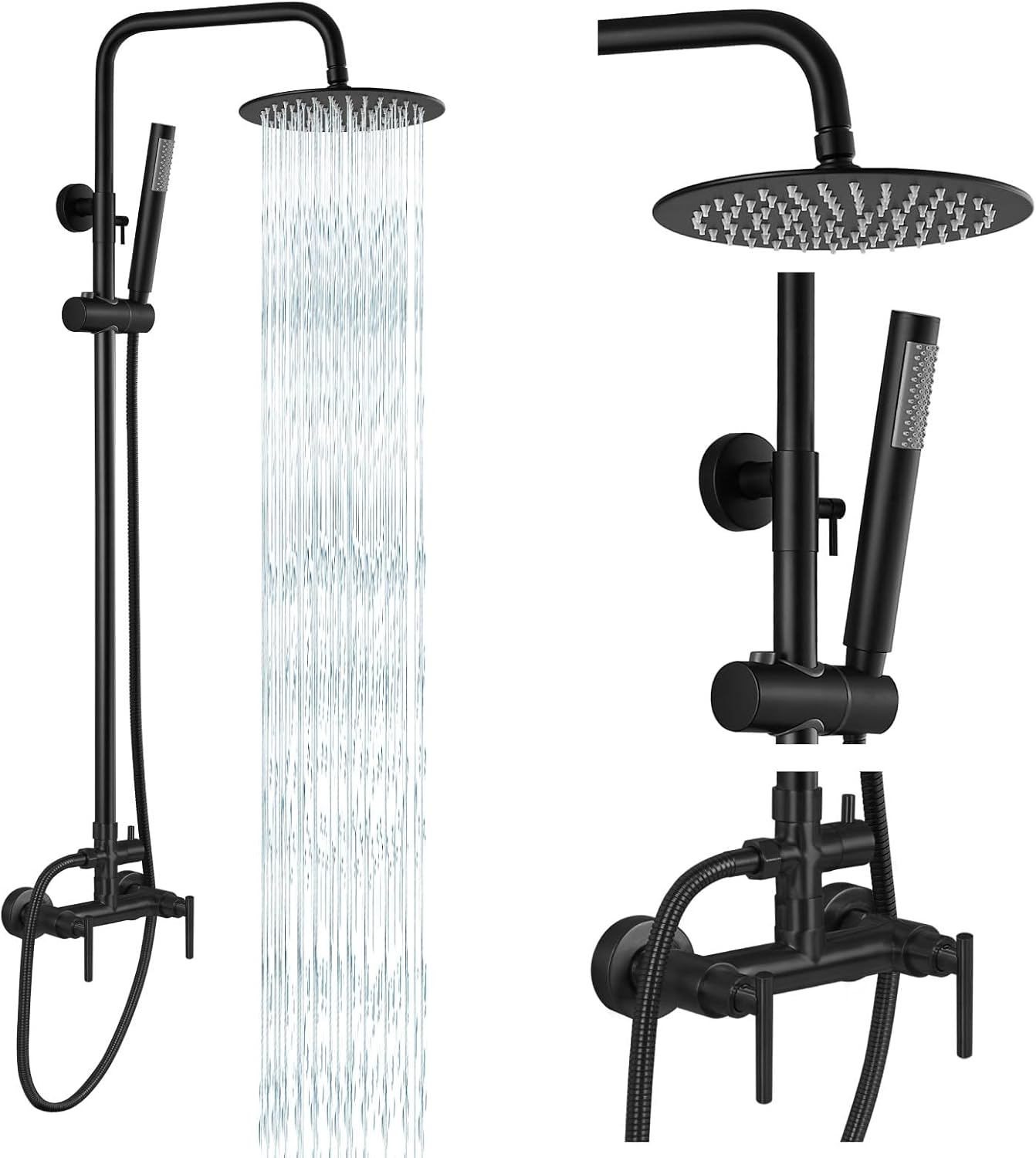 gotonovo SUS304 Outdoor Shower Fixture High Pressure Shower System Wall Mount 2 Dual Function Single Handle Shower Kit with 8 Inch Shower Head and Handheld Spray Shower Faucet Combo, Matte Black