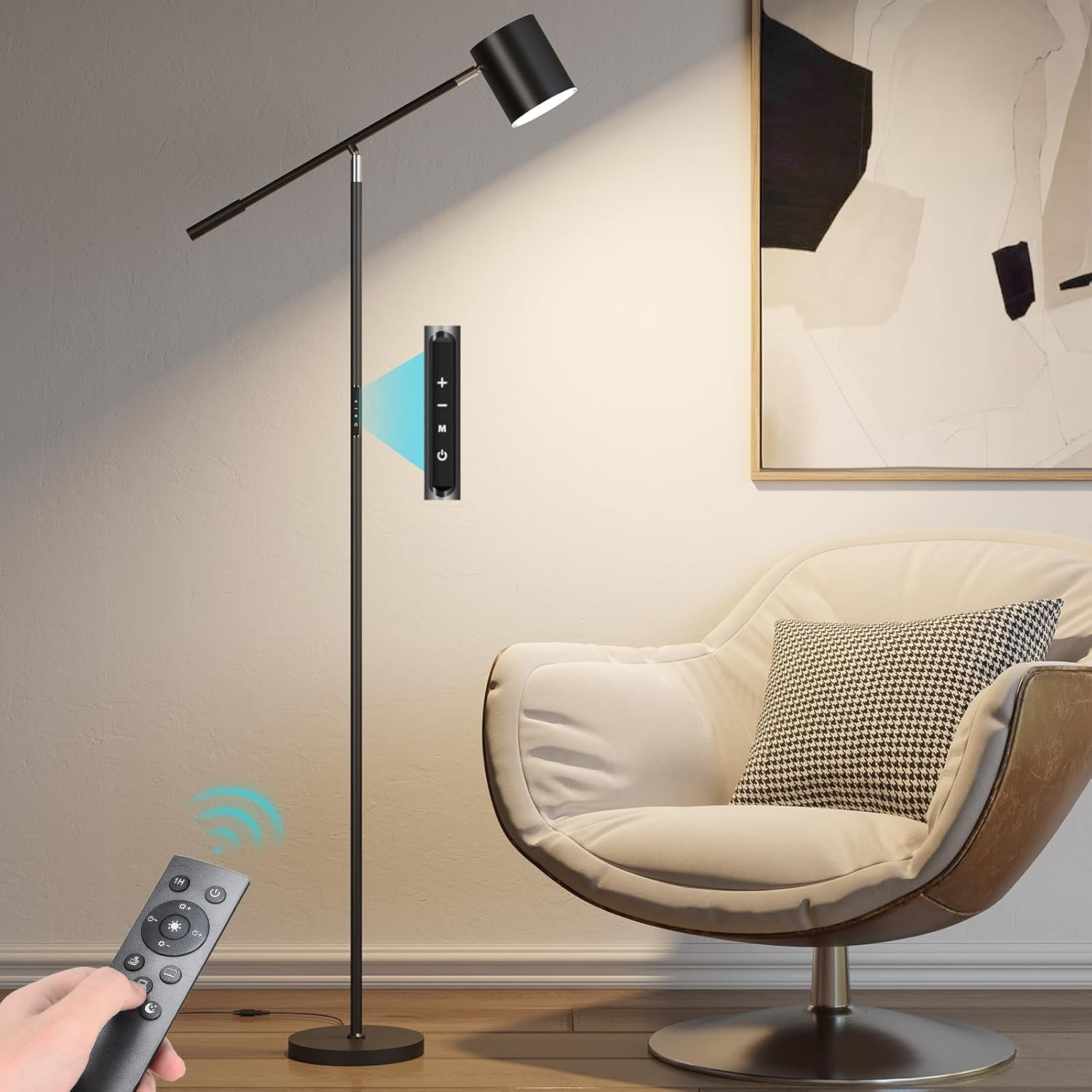 Floor Lamps for Living Room, Modern Stepless Dimmable Standing Lamp with Remote & Touch Control, Adjustable Swing Arms 73" Tall Black Floor Lamp for Reading Sewing Craft