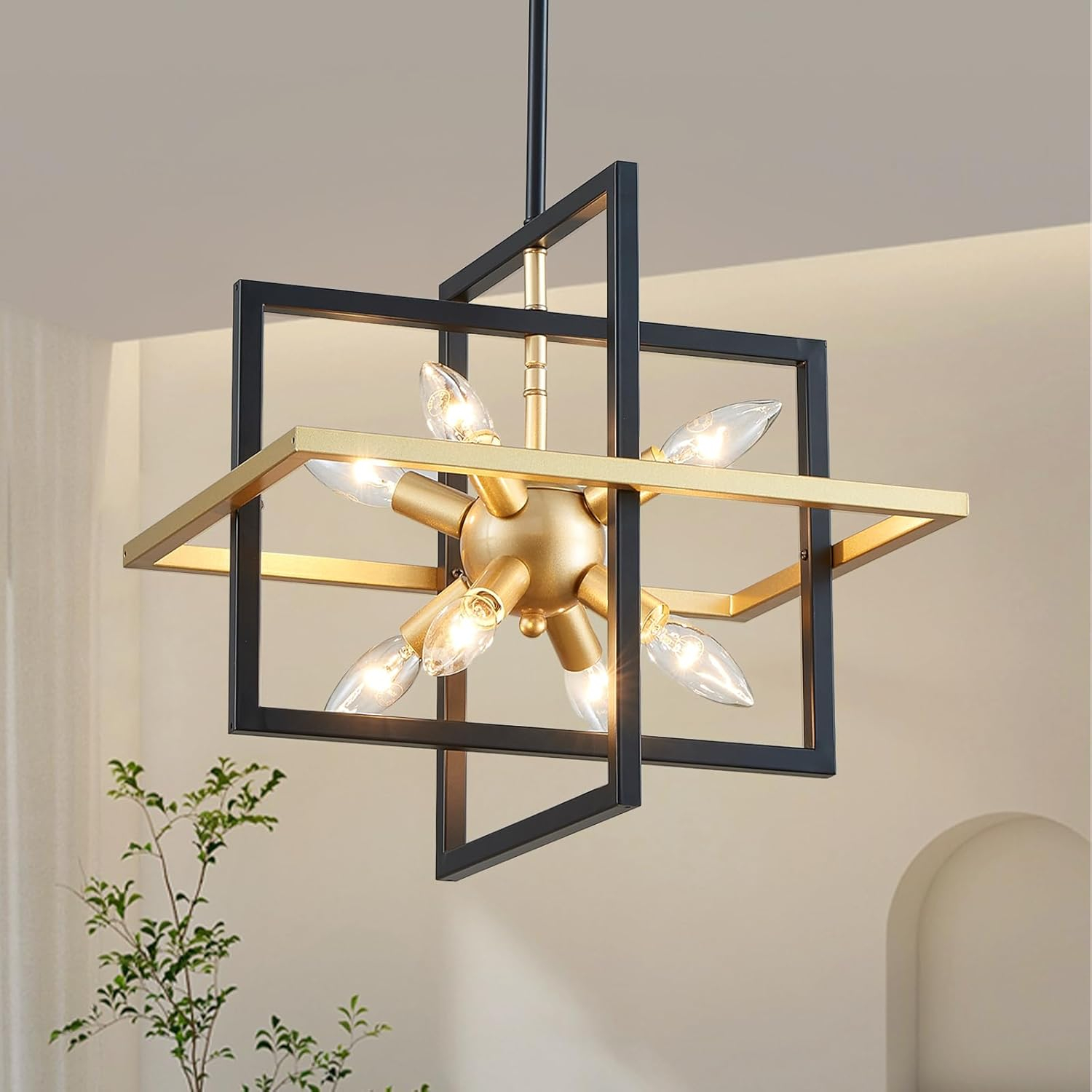 Modern Black and Gold Chandelier, 8-Light Geometric Pendant Light Fixture, Dining Light Fixtures Adjustable Chandelier for Dining Room Entryway Foyer Hallway Bedroom Living Room Kitchen Island