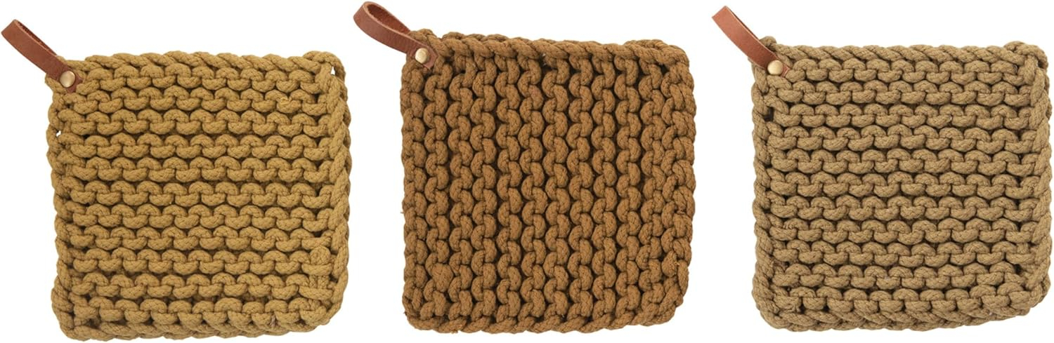 Creative Co-Op Multi-Tone Cotton Crocheted Pot Holder With Leather Loop (Set of 3)