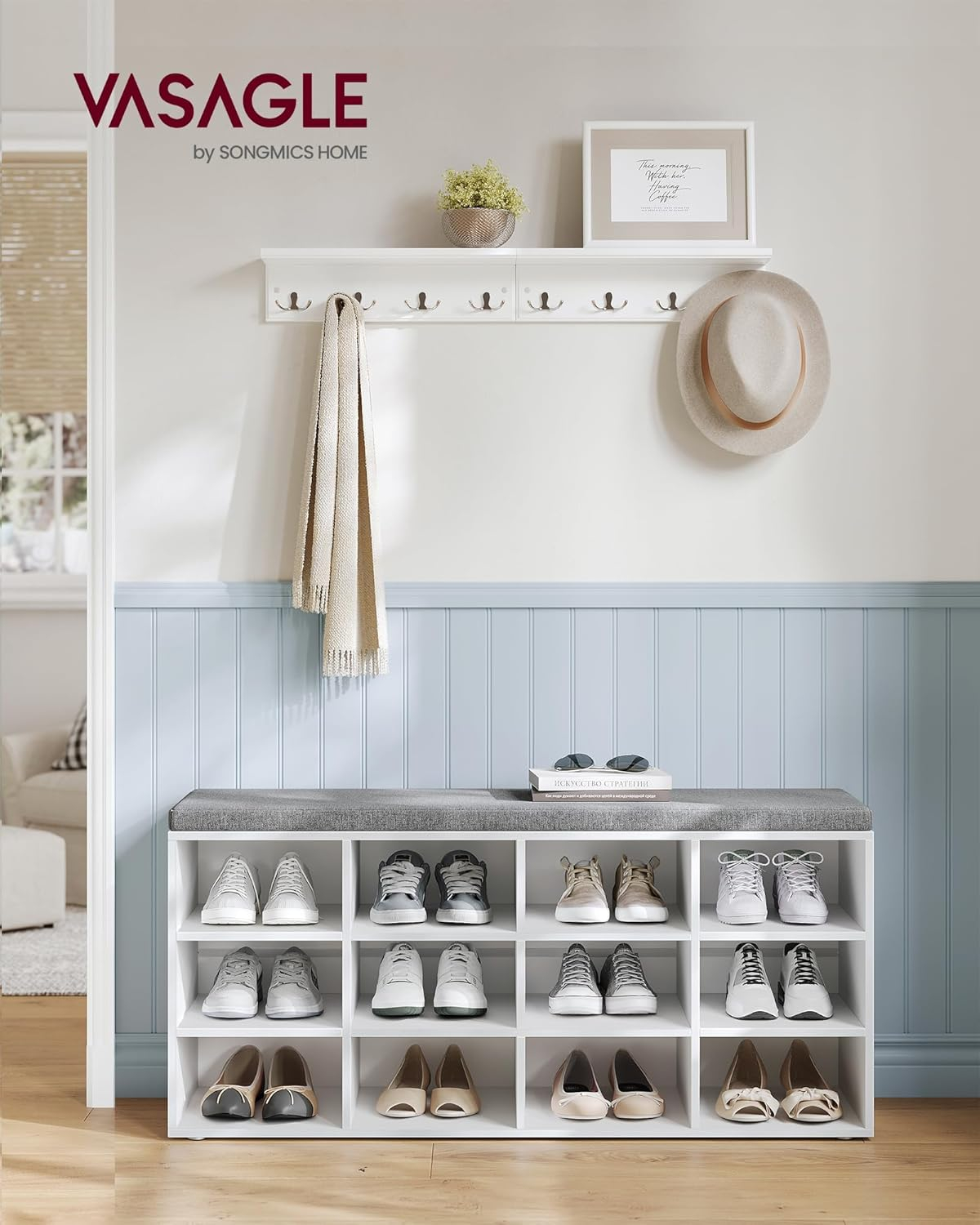 VASAGLE CUSTOS Collection - Shoe Bench, Storage Bench with Padded Seat, Entryway Bench with 12 Compartments, for Bedroom, 11.9 x 40.9 x 18.9 Inches, Cloud White and Slate Gray ULHS012W14