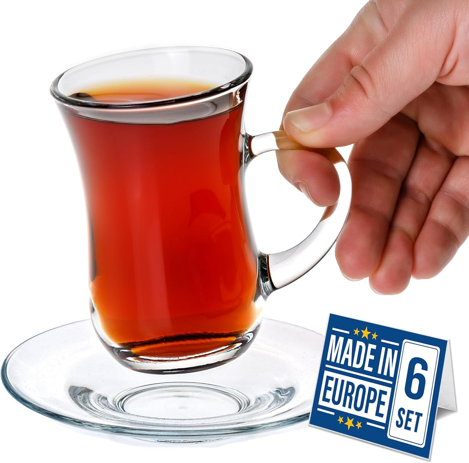 Crystalia Small Turkish Tea Set, Clear Glass Cups with Handle, 6 Cups&6 Saucers, 3.2 oz