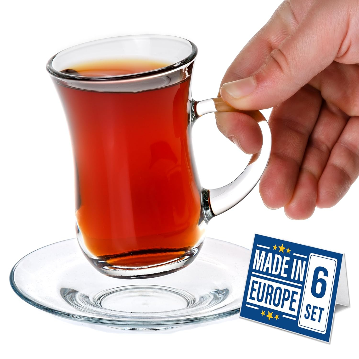 Crystalia Small Turkish Tea Set, Clear Glass Cups with Handle, 6 Cups&6 Saucers, 3.2 oz