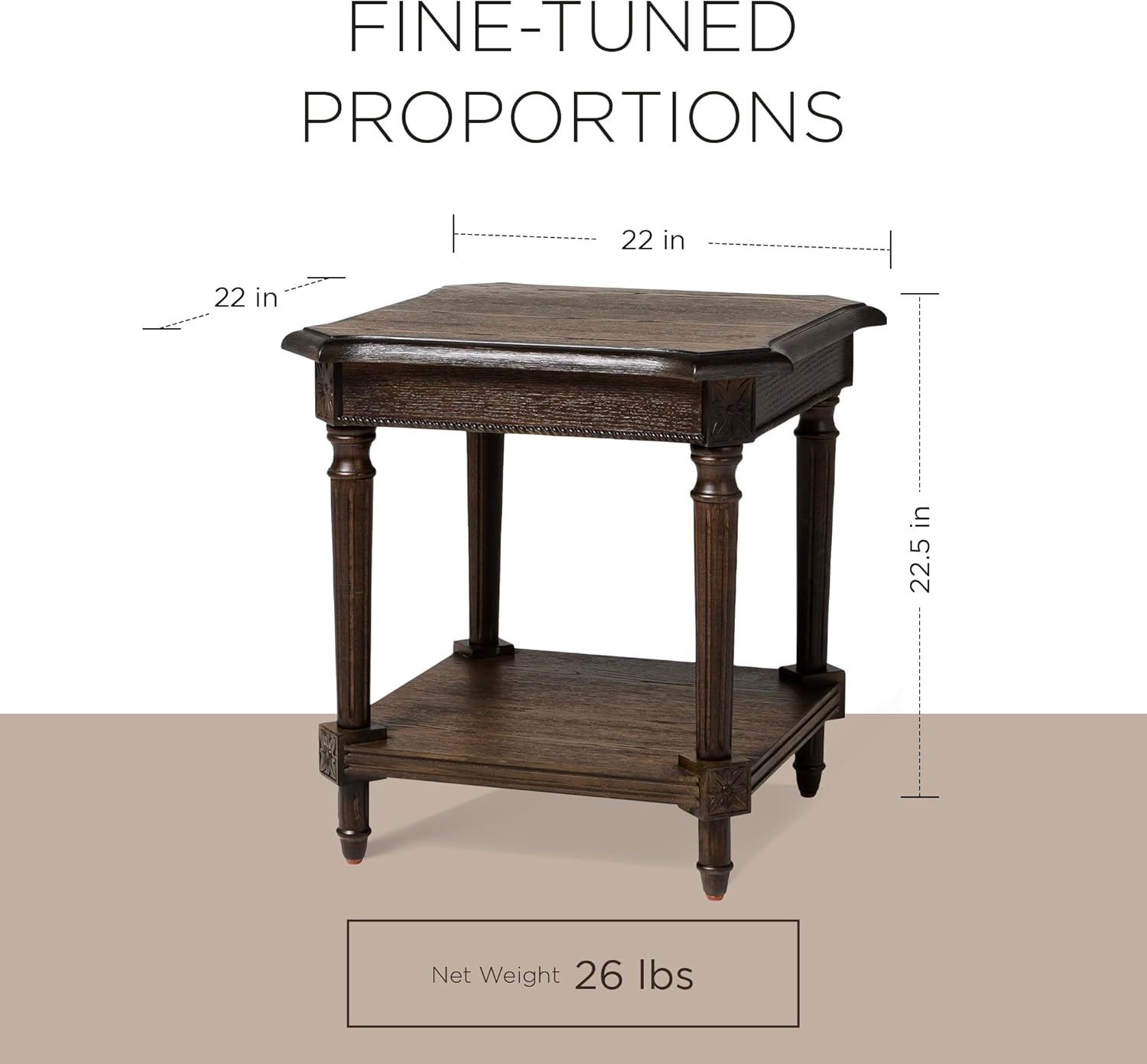 Maven Lane Pullman Traditional Square Wooden Side Table in Antiqued Brown Finish