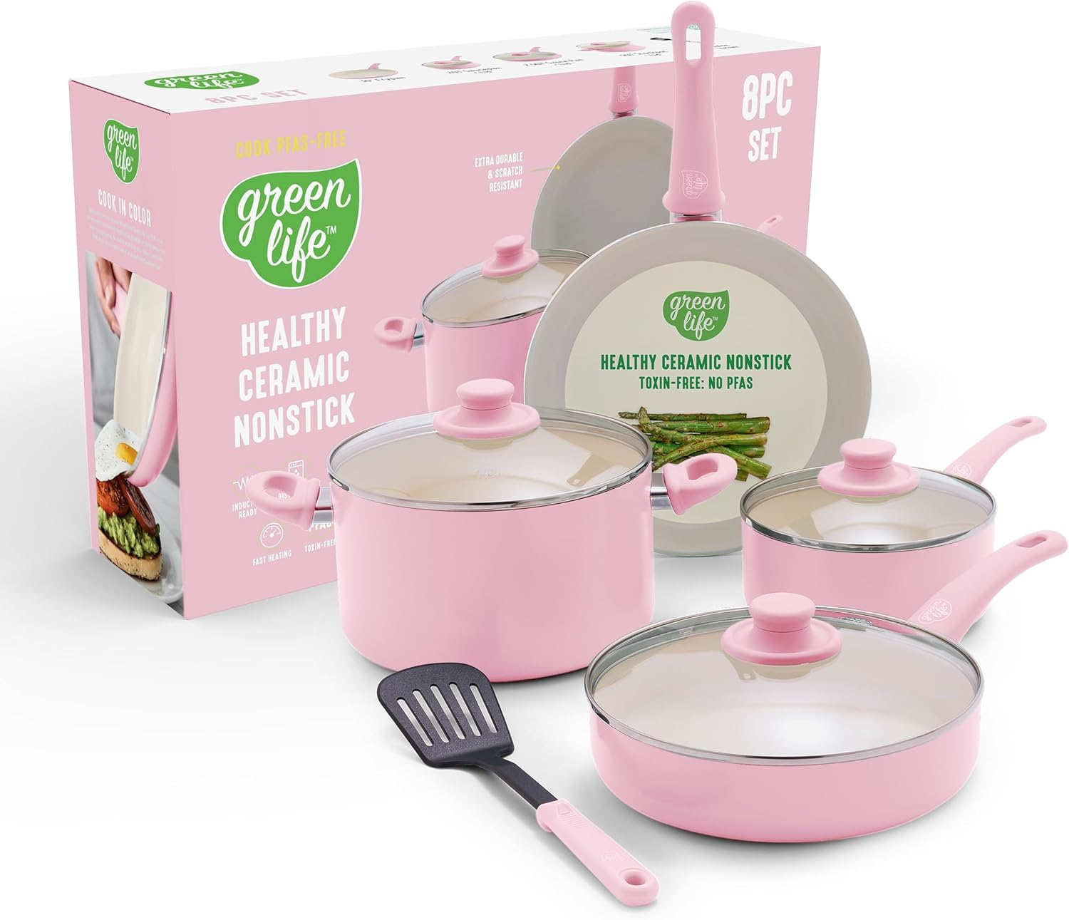 GreenLife 8 Piece Nonstick Cookware Set, Non-Toxic PFAS-Free Ceramic Pots & Pans, Dishwasher & Oven Safe, Frying, Sauce, Stock Pot, Glass Lids, Stay-Cool Handles, Wobble Free, Light Pink