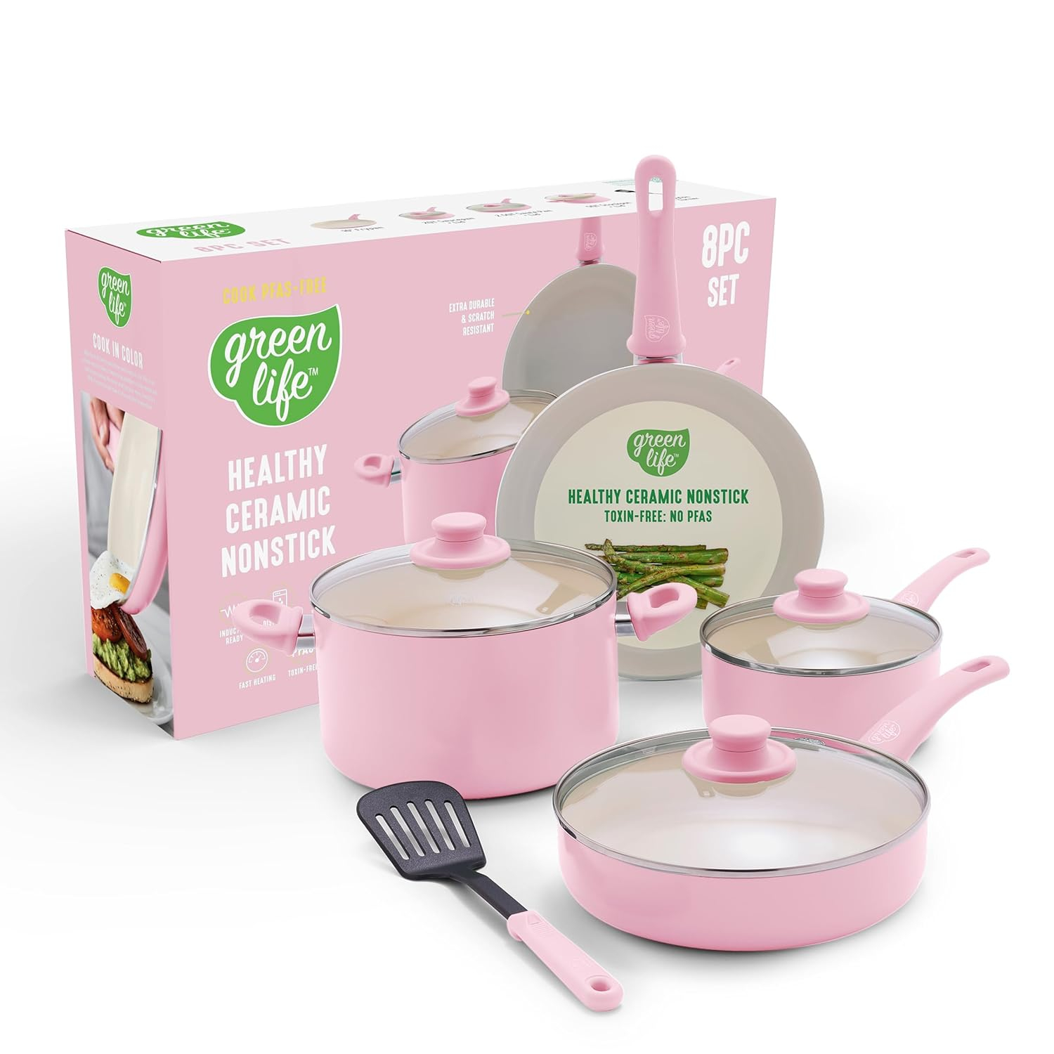 GreenLife 8 Piece Nonstick Cookware Set, Non-Toxic PFAS-Free Ceramic Pots & Pans, Dishwasher & Oven Safe, Frying, Sauce, Stock Pot, Glass Lids, Stay-Cool Handles, Wobble Free, Light Pink