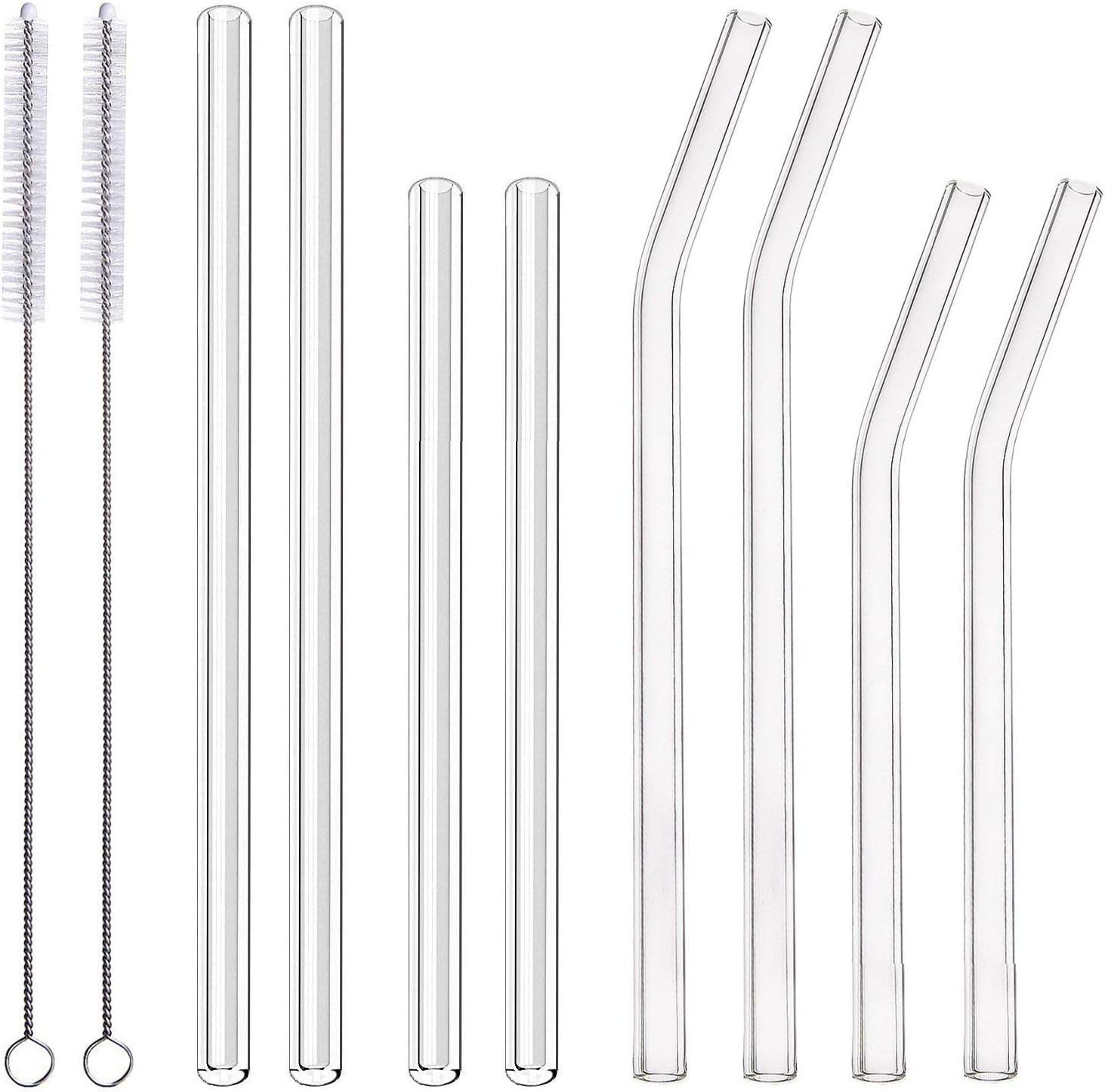 8-Pack Clear Glass Smoothie Straws, 10mm Wide 10" + 9 " Long Reusable Drinking Straws with 2 Cleaning Brush
