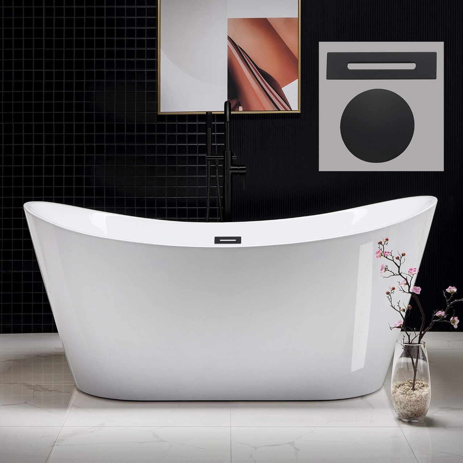 WOODBRIDGE 67" Acrylic Freestanding Bathtub Contemporary Soaking White Tub with Matte Black Overflow and Drain,B0010-MB-Drain &O