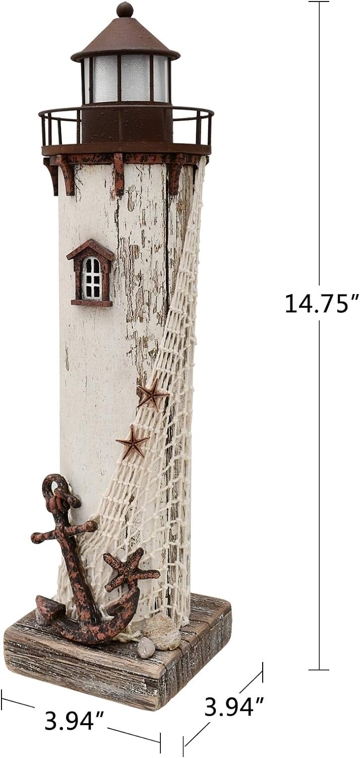 Rustic White and Brown Wooden Lighthouse Decor with LED Light