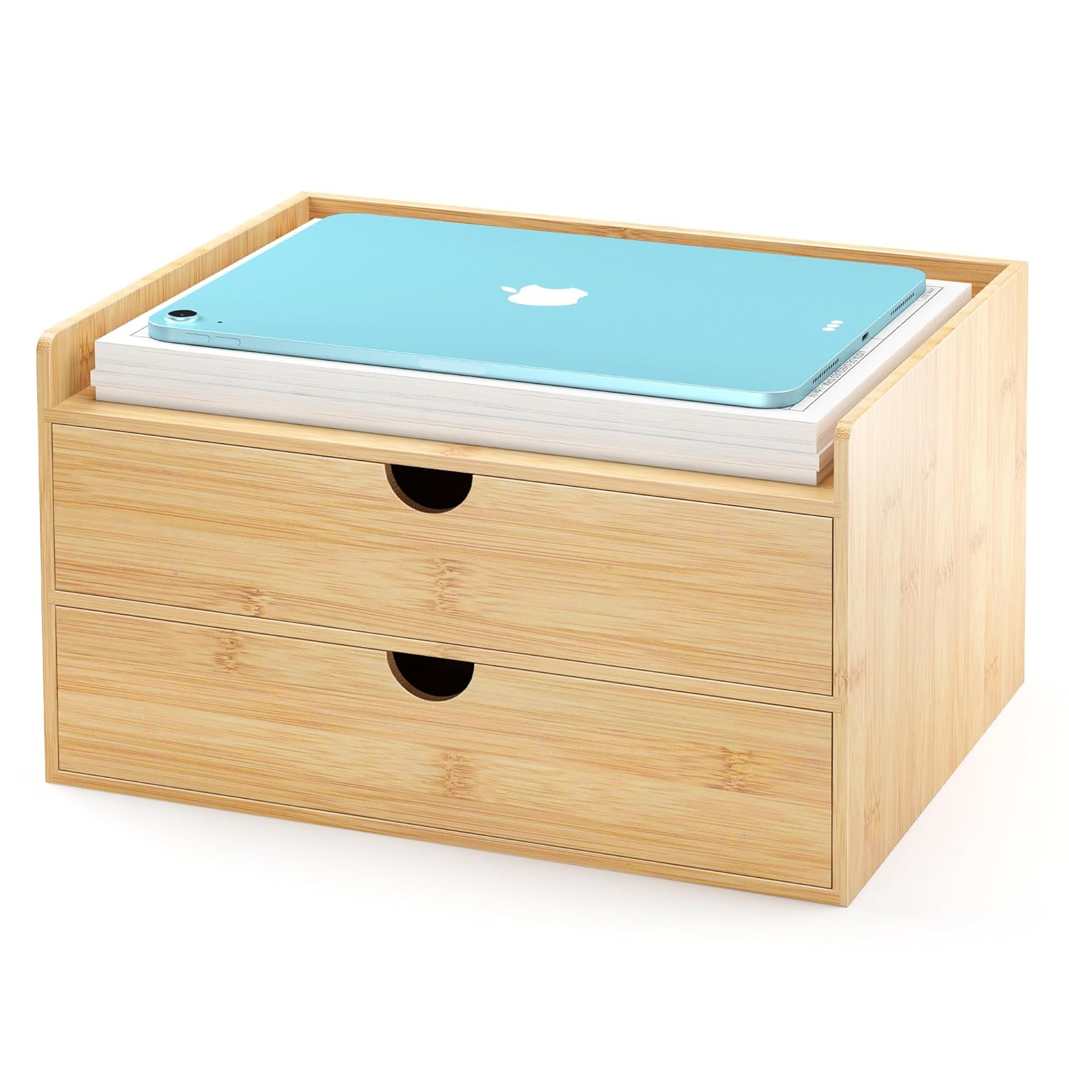 Bamboo Desk Drawer Organizer, 2 Drawer Desktop Organizer with Drawers Tabletop Storage Organization Box for Office Home Toiletries Supplies Vanity, No Assembly Required