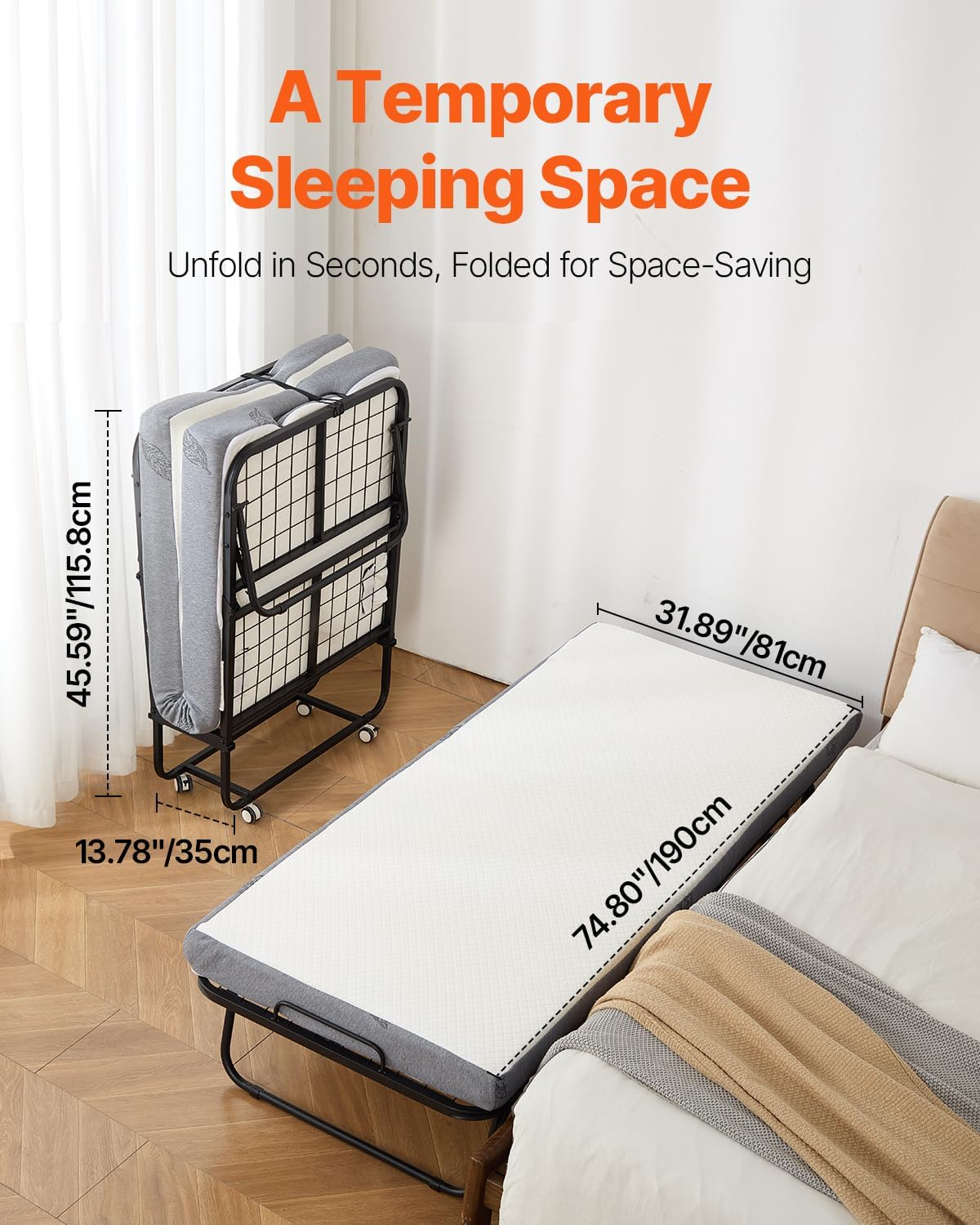 VEVOR Rollaway Bed, 31 in x 75 in Folding Bed with 5 in Mattress, Twin Size Foldable Bed with Sturdy Metal Frame & Memory Foam Mattress, Portable Twin Roll Away Bed with Mattress, for Adults, Guest