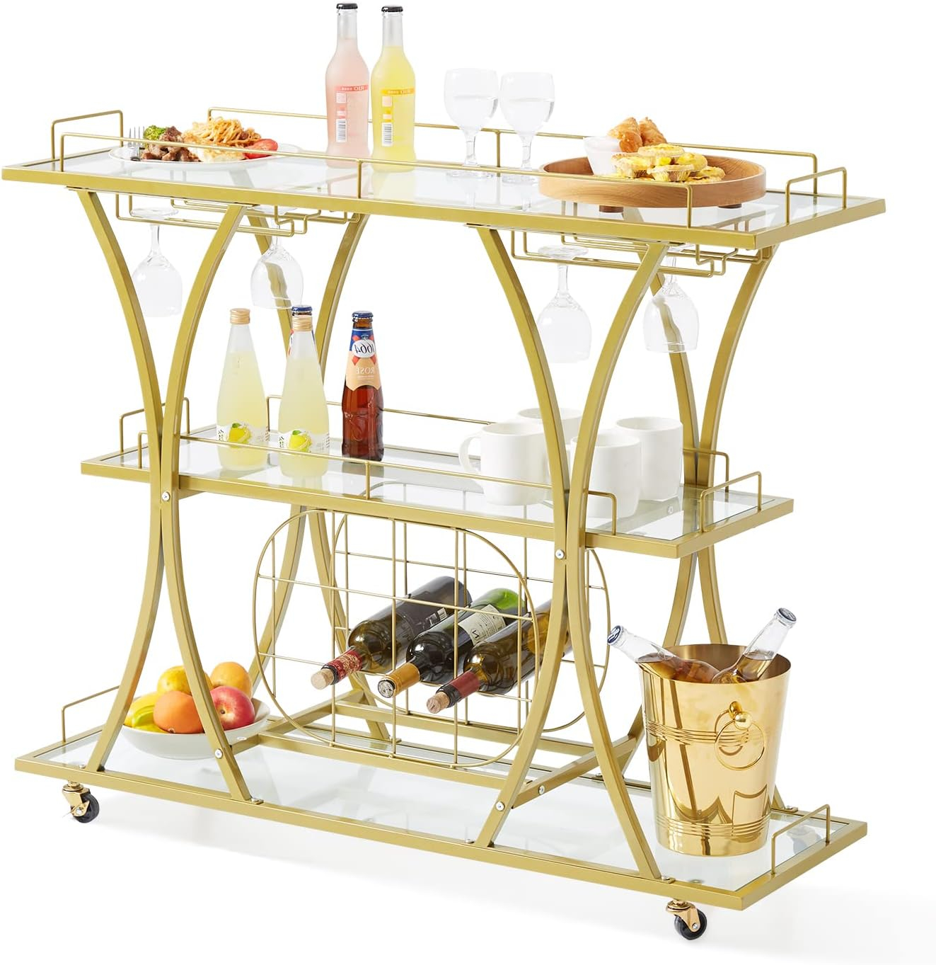 VEVOR Bar Cart Gold 3 Tiers Home Bar Serving Cart on Lockable Wheels with Tempered Glass Shelves Guardrail Wine Rack
