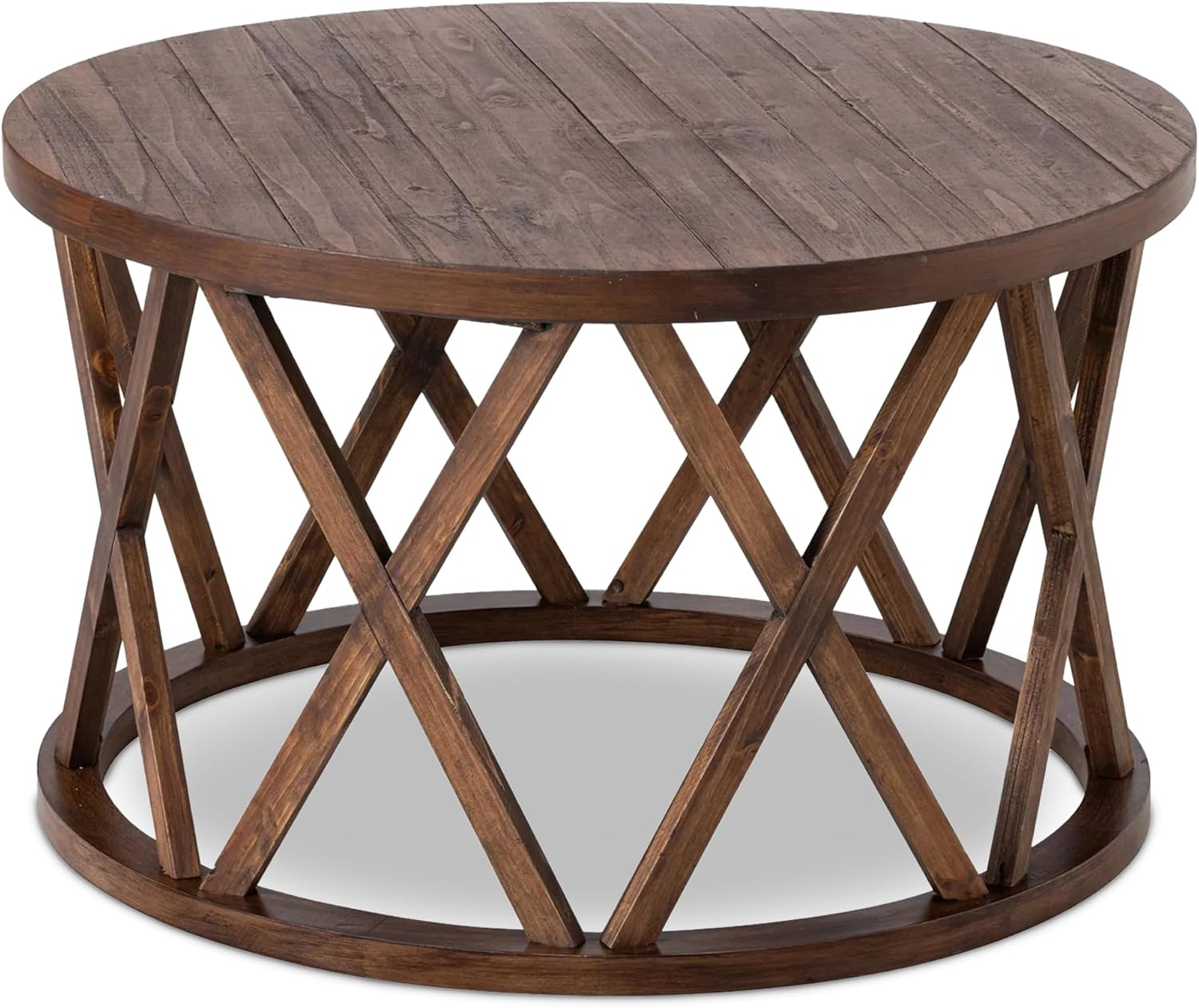 COZAYH Farmhouse Coffee Table, Rustic Round Coffee Table with X-Motifs Legs, Wood Textured Top, for Boho, French Country Decor, Brown