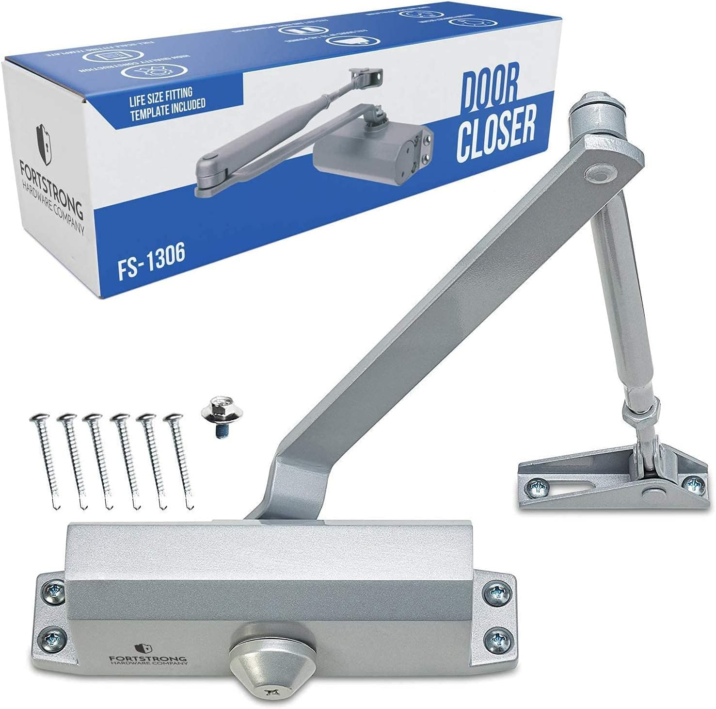 FortStrong FS-1306 Grade 3 Spring Hydraulic Door Closer with Mounting Hardware, Adjustable, Automatic, Silver