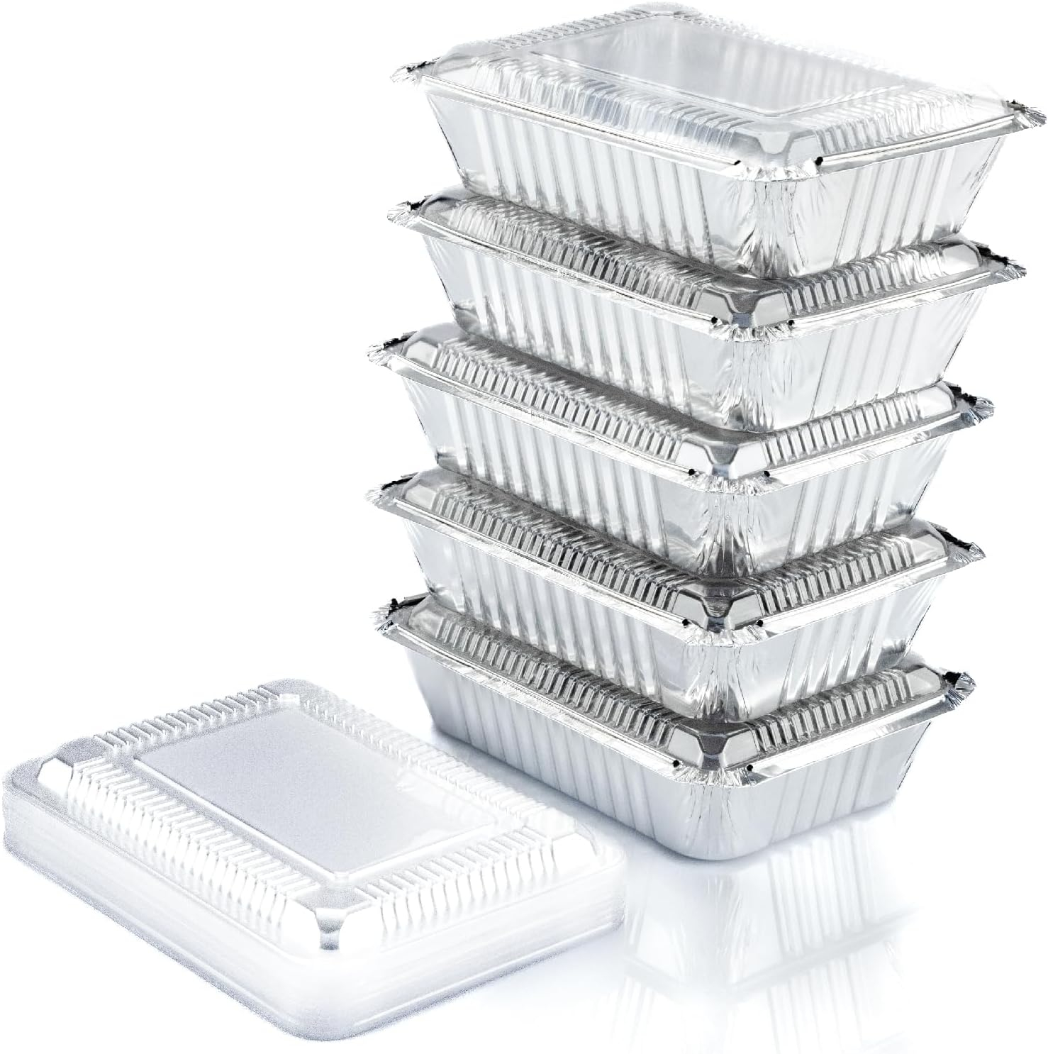 55 Pack Disposable Takeout Pans with Clear Lids - Aluminum Foil Freezer Containers - Ideal for Baking, Cooking, and Food Storage - Includes Plastic Lids|The 55-pack Disposable Takeout pans are made of