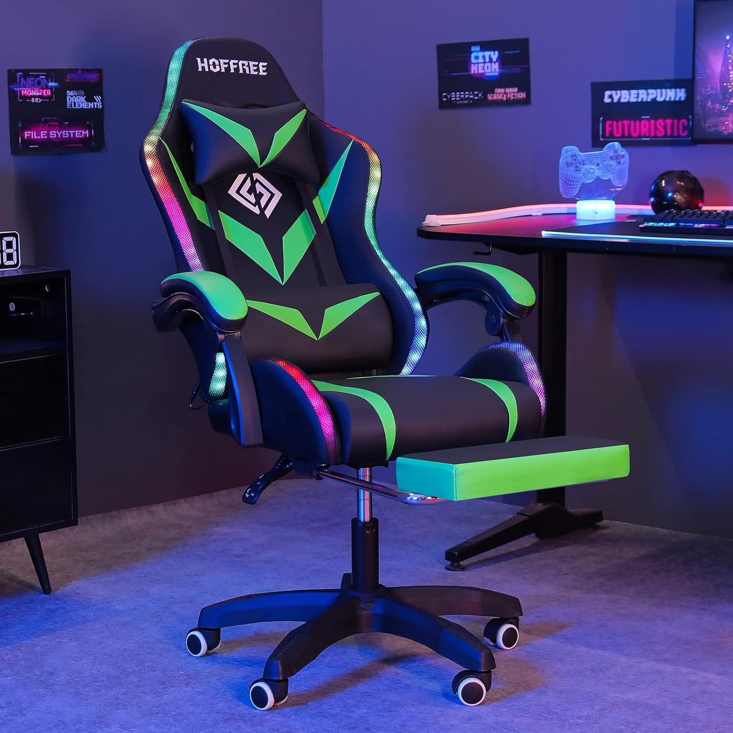 Ergonomic Black and Green Leather Gaming Chair with LED Lights
