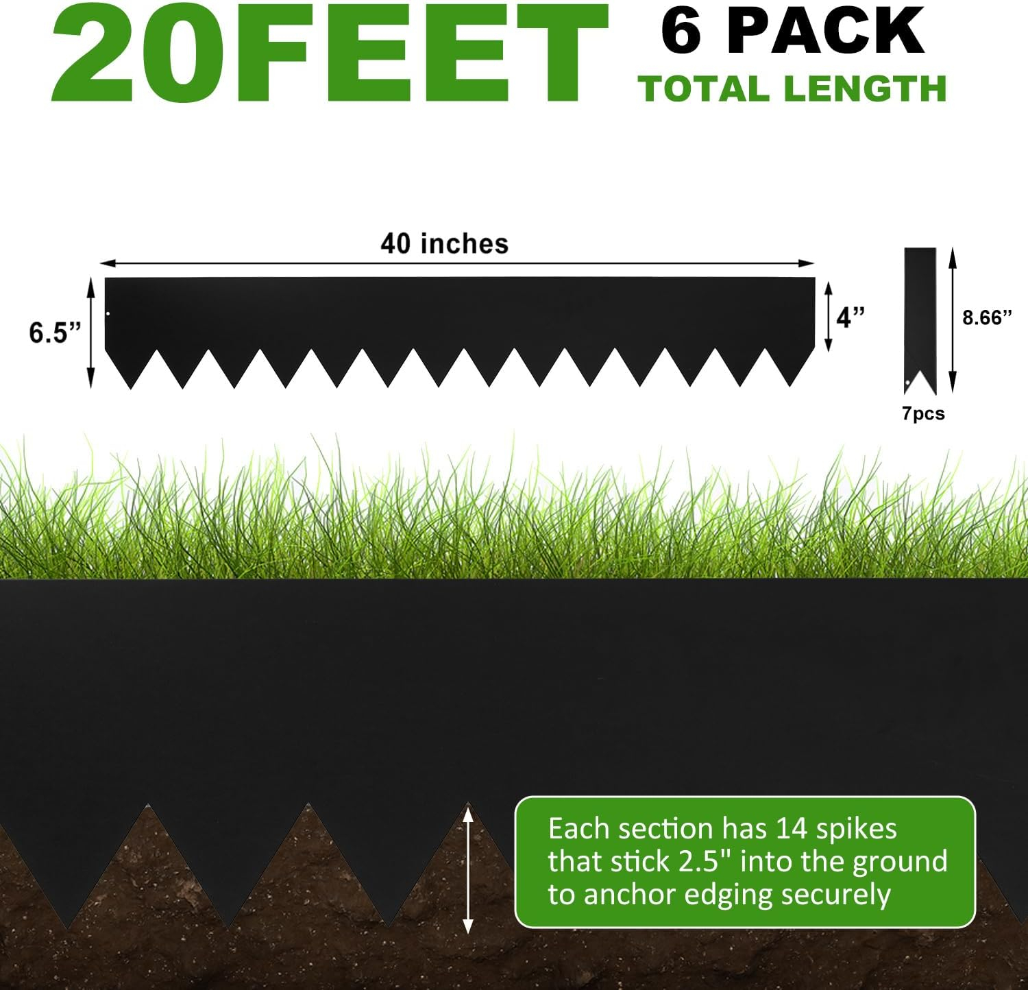 Hugeleaf Metal Landscape Edging, 40” L x 6.5” H Metal Edging for Landscaping with 7Pcs Stakes, Metal Garden Edging Pack of 6 (20 Feet Total Length)