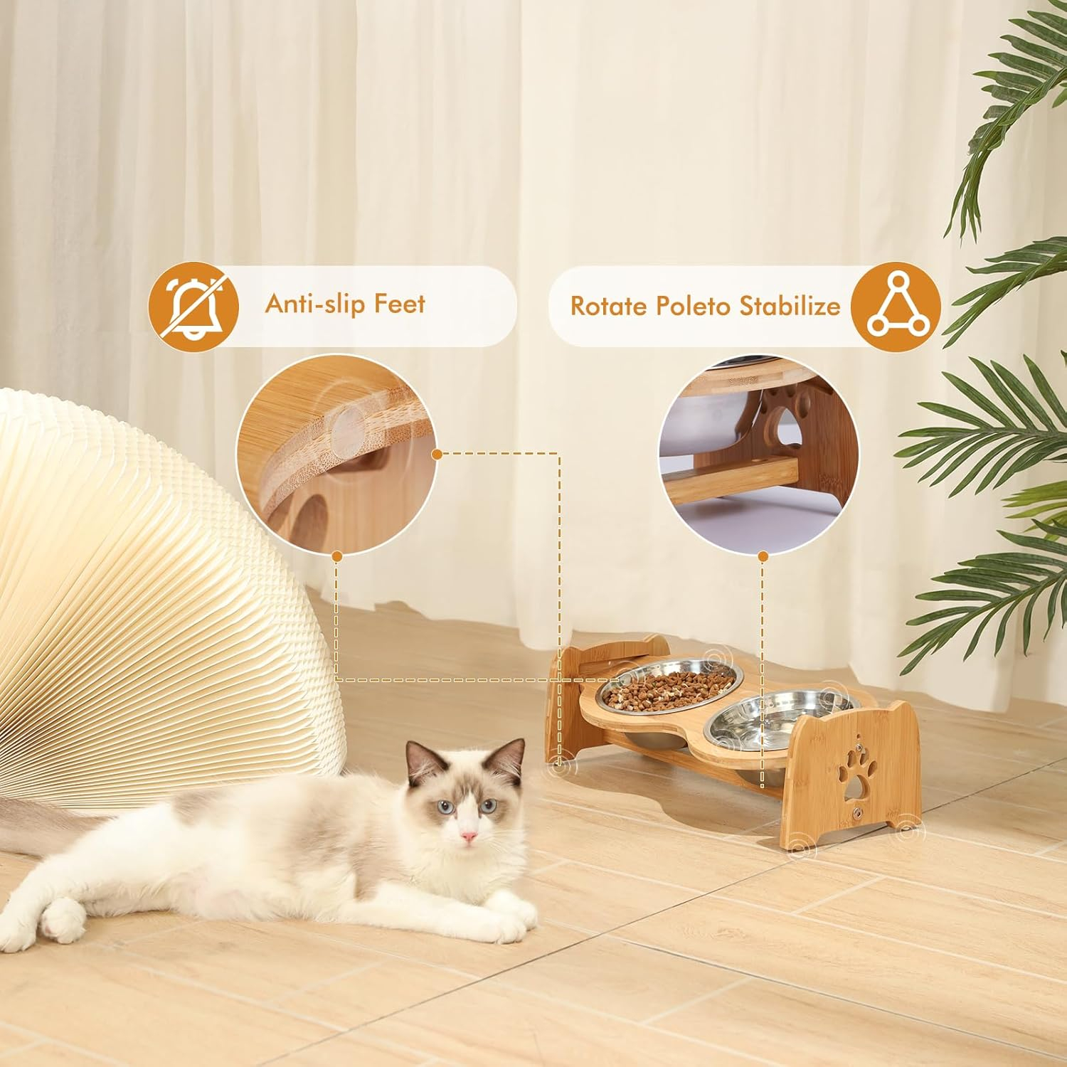 X-ZONE PET Elevated Dog Bowls for Cats and Dogs, Adjustable Bamboo Raised Dog Bowls for Small Dog, Food and Water Set Stand Feeder with 2 Stainless Steel Bowls and Anti Slip Feet (Height 4" to 4.5")