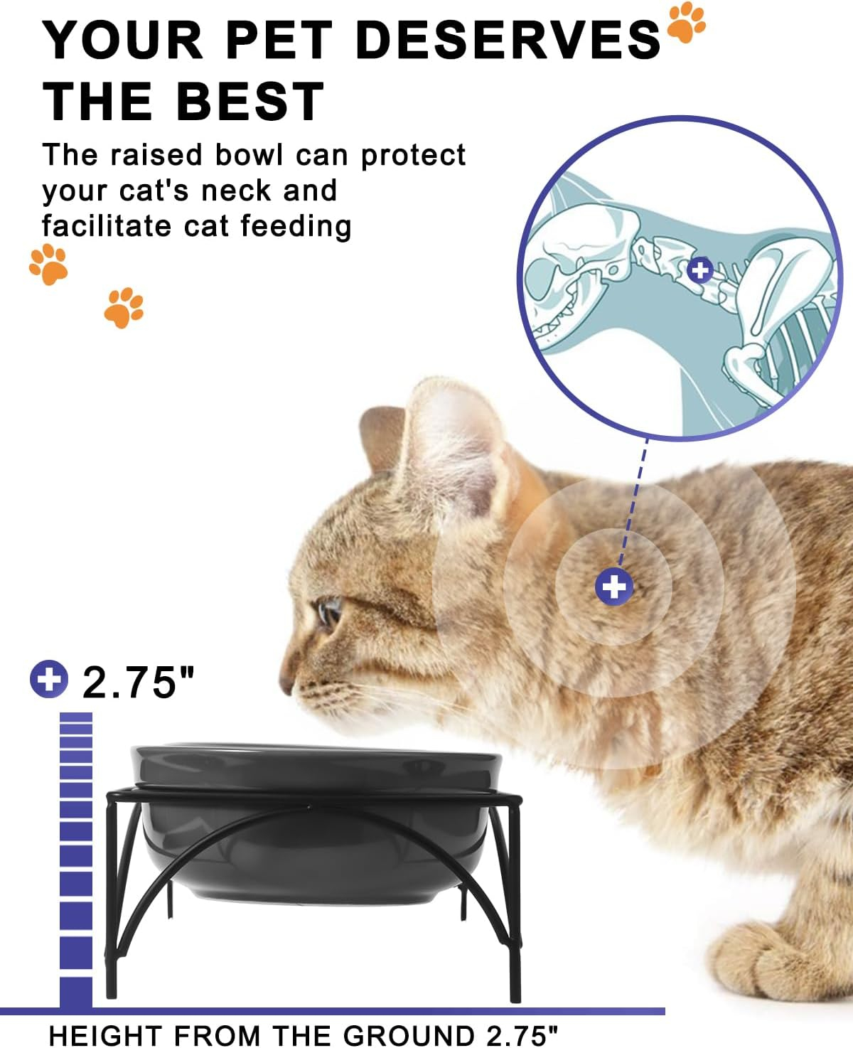 Y YHY Dog&Cat Food Bowls,12OZ Ceramic Raised Pet Bowls for Food and Water, Two Elevated Pet Dishes Bowls 2.75” Height Sturdy Metal Stand, Grey