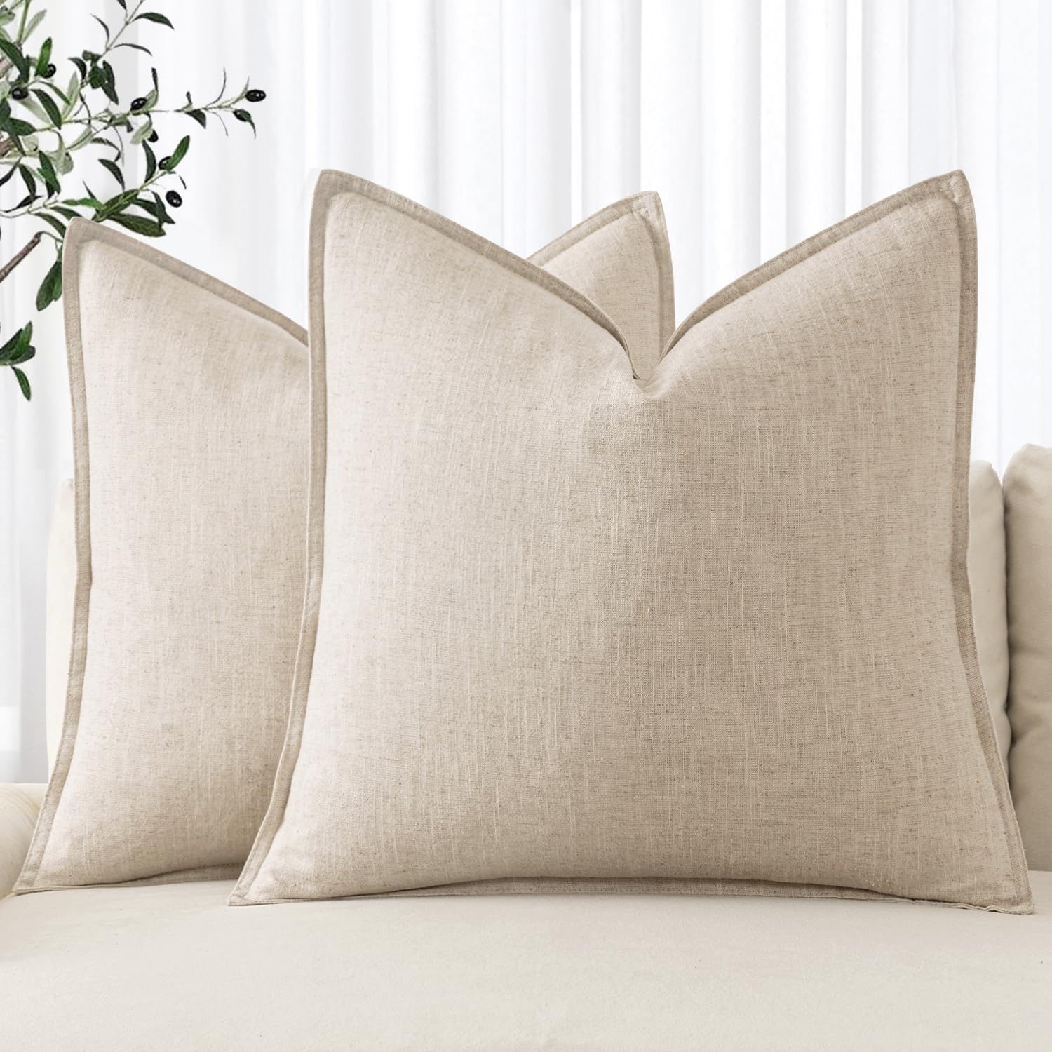 MIULEE Throw Pillow Covers Boho Farmhouse 18x18 Set of 2 Decorative Beige Couch with Fringe Chic Cotton Pillowcases Home Decor Accents for Cushion Soft Bed Living Room