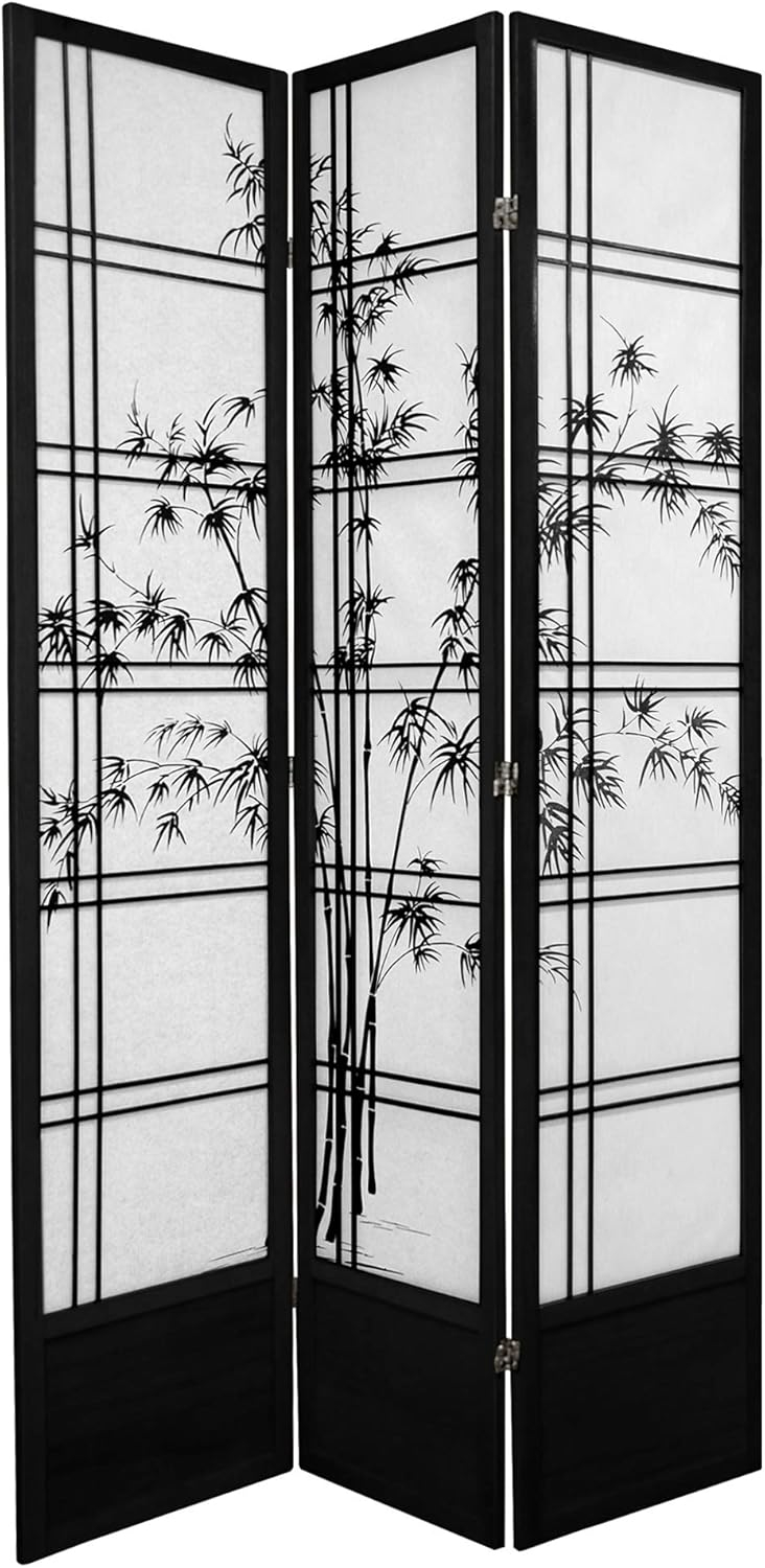 Oriental Furniture 7 Ft Tall Double Cross Bamboo Tree Shoji Screen, 3 panel, black