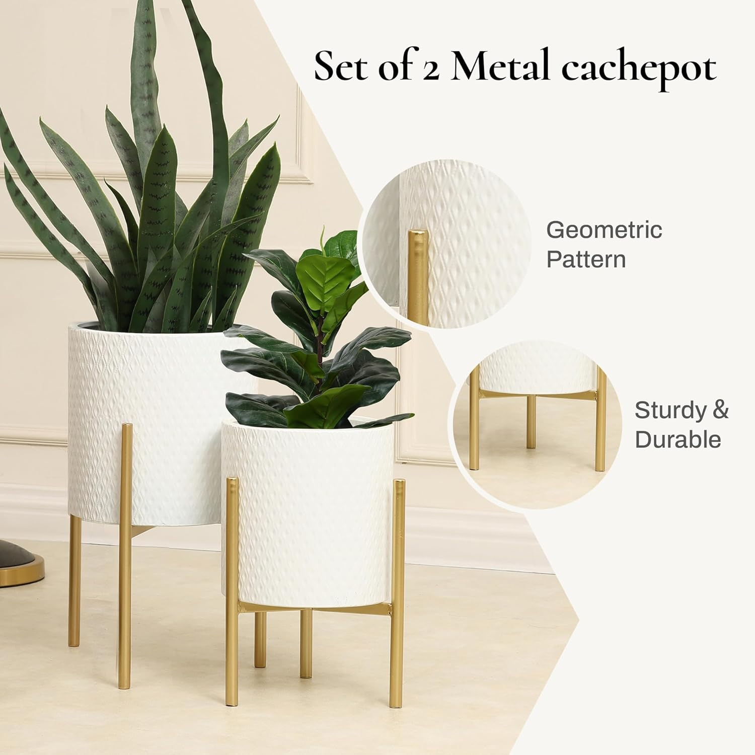 Planters for Indoor Plants, Set of 2 Indoor Plant Pots, White Planter with Gold Metal Stand, Luxury Flower Pots for Indoor Plants, Large Floor Plant Pot for Indoor Plants, NOT Waterproof