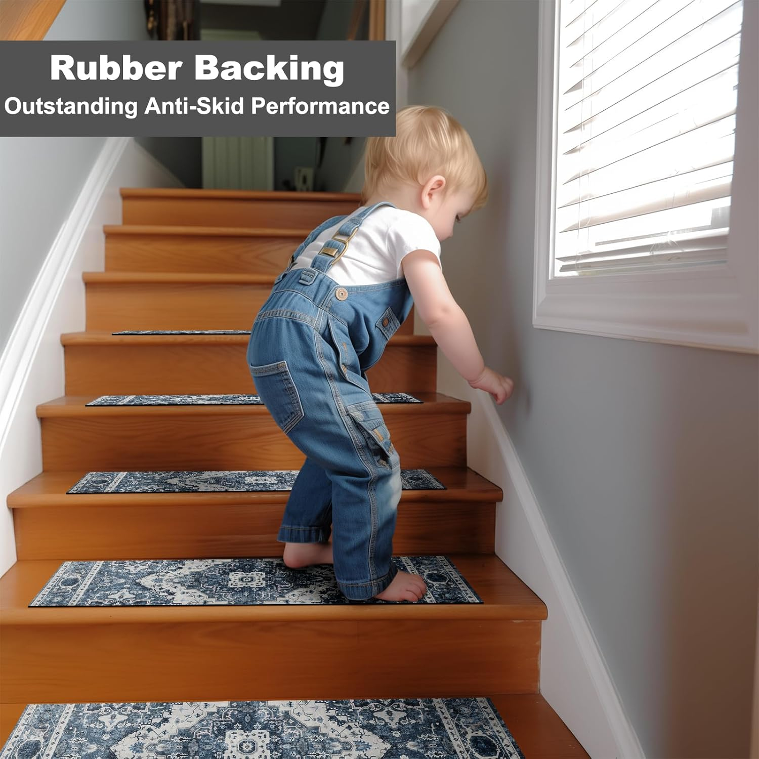 Capslpad Stair Treads Non Slip, 15 Pack 30"X8" Super Non Slip Reusable Staircase Step Treads, Soft Rubber Stair Treads for Wooden Steps, Pets, Elders (Navy Blue)
