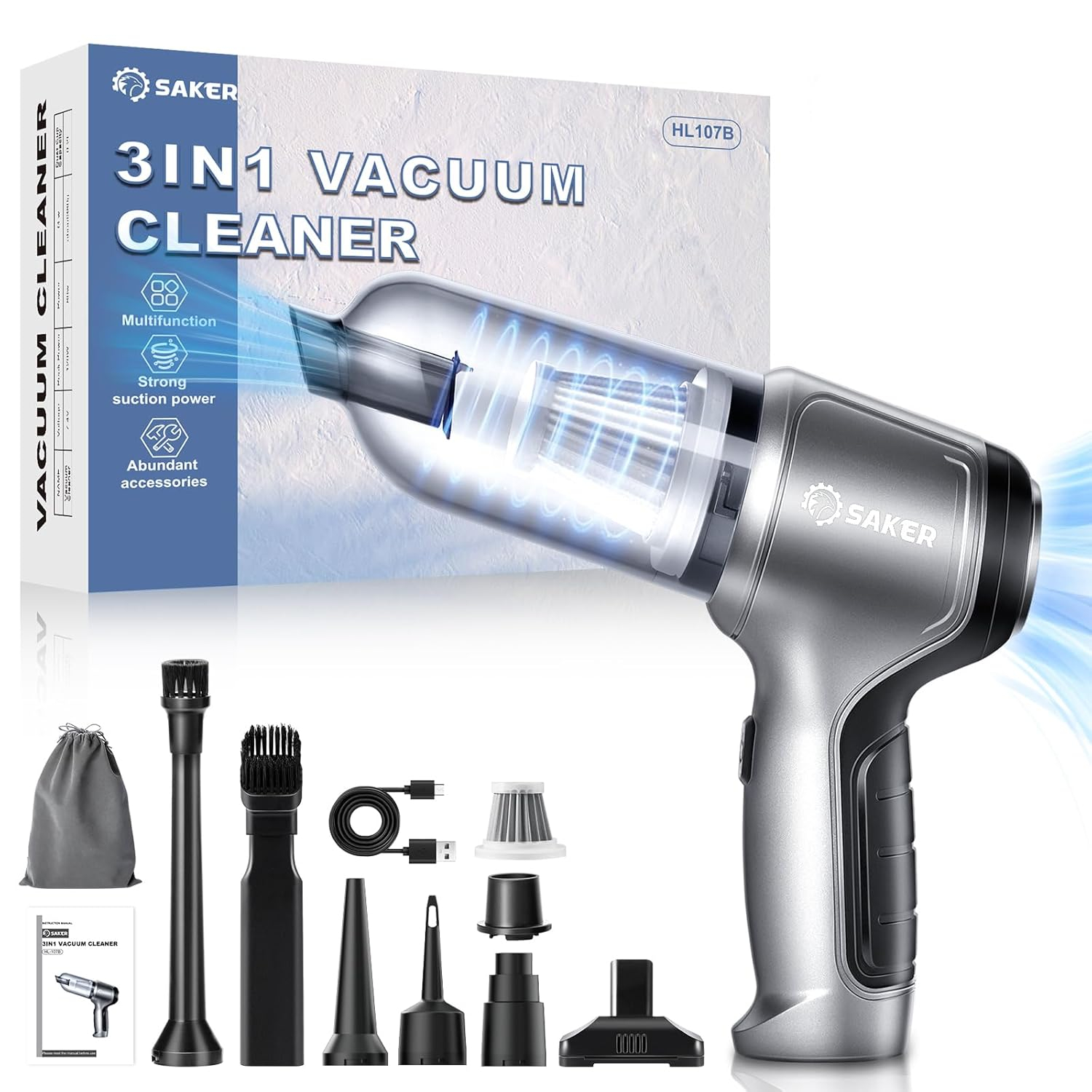 Saker Car Vacuum Portable Cordless 3 in 1 Handheld Car Vacuum 15000PA High Power with Brushless Motor and TypeC for Cars,Office,Home Cleaning HL107B