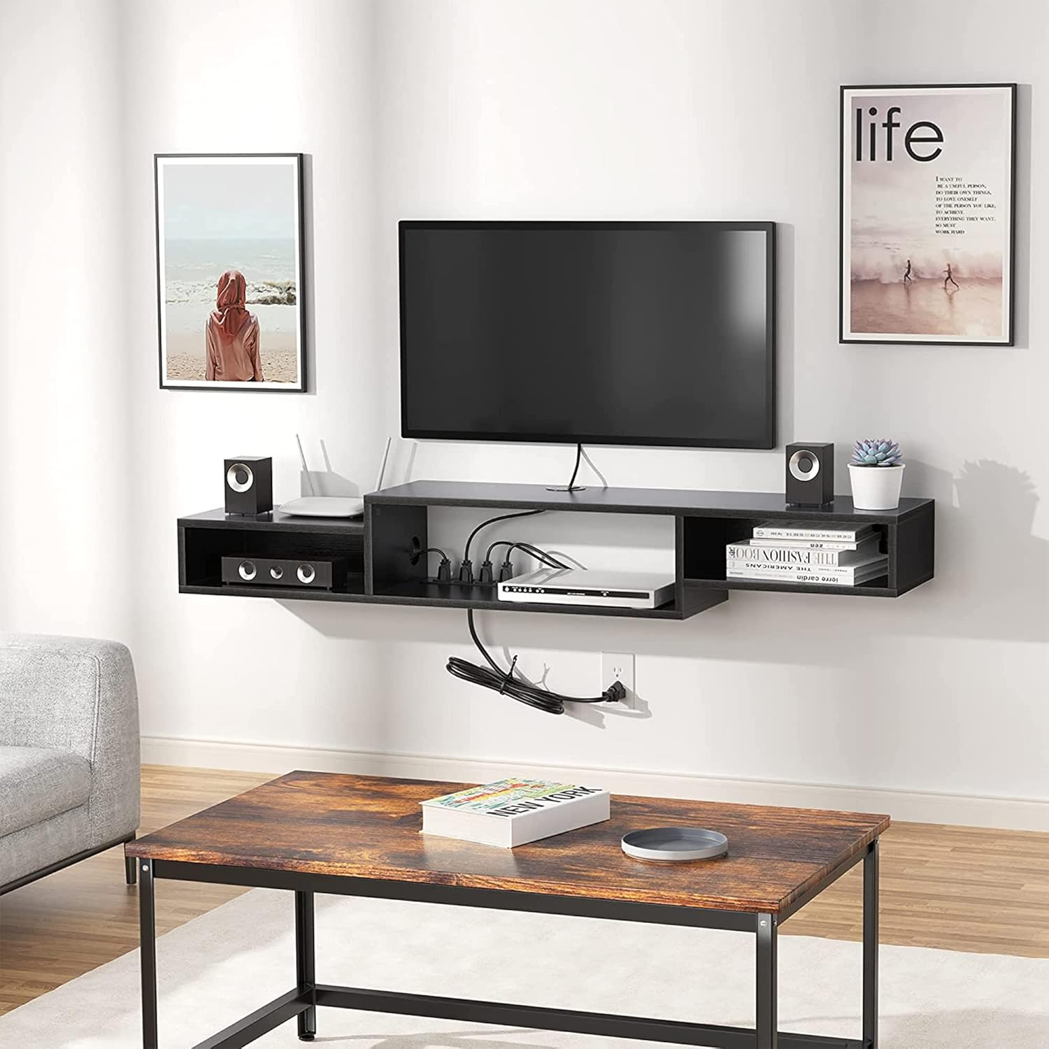 Black 59" Floating TV Stand with Cabinets and Shelves