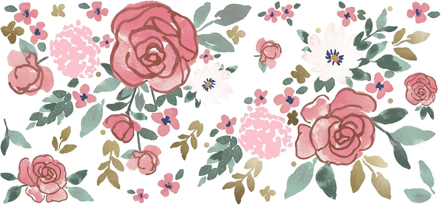 Floral & Gold Pink Peel and Stick Wall Decals by RoomMates, RMK5530GM