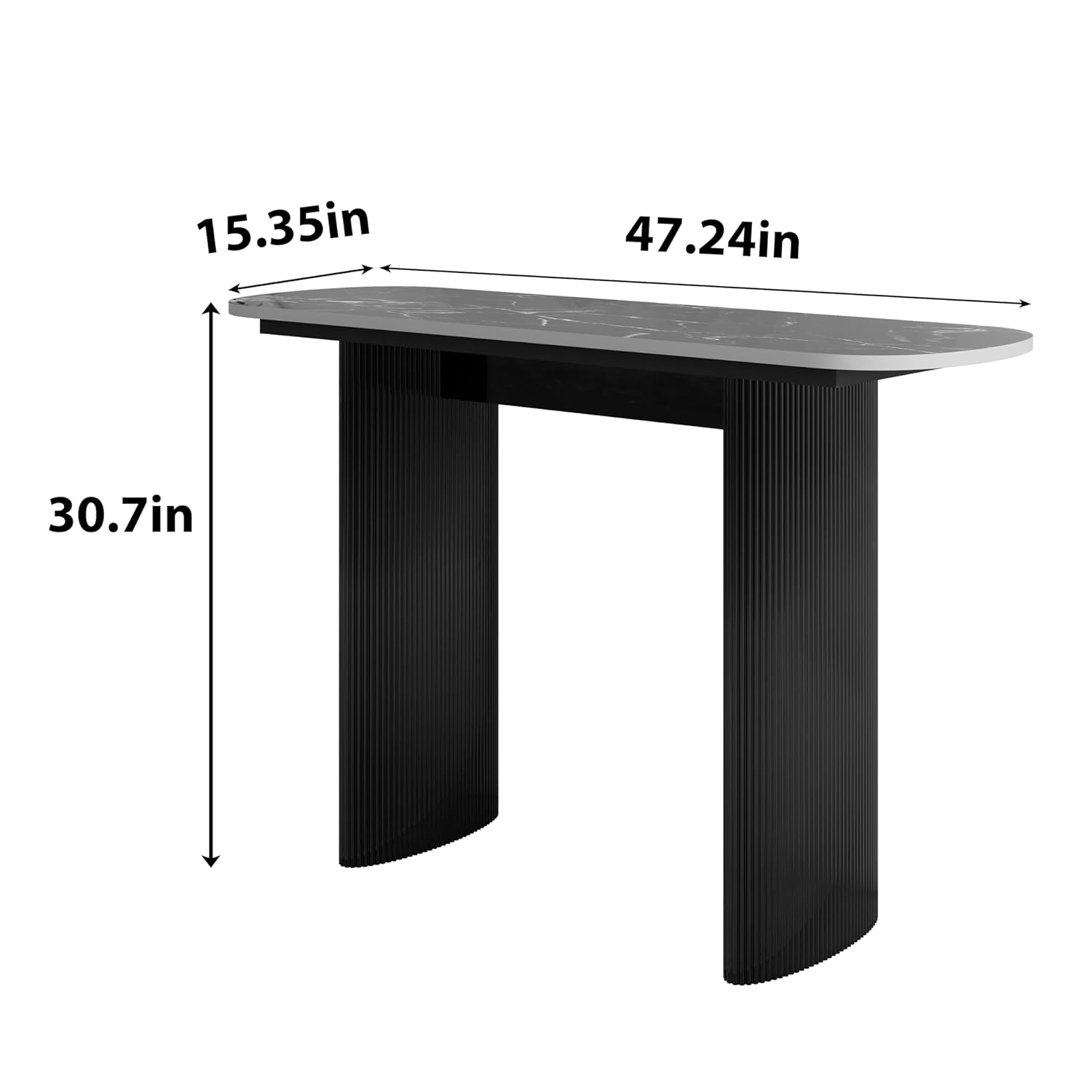 Black Marble Top Console Table with Fluted Wooden Base