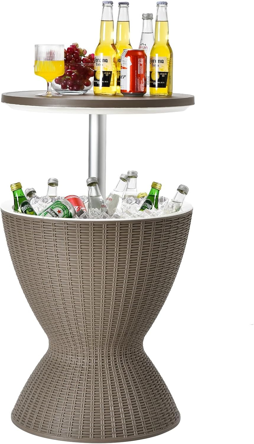Byroce Outdoor Cooler Side Table, Patio Bar Table w/ 8 Gallon Beer & Wine Cooler, Rattan Style Pool Side & Hot Tub Table, All-Weather Cocktail Table for Parties, Backyard, Deck