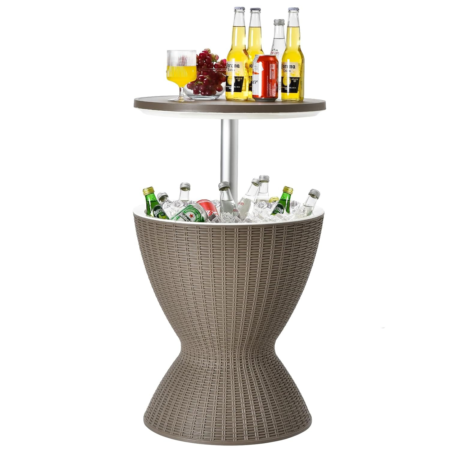 Byroce Outdoor Cooler Side Table, Patio Bar Table w/ 8 Gallon Beer & Wine Cooler, Rattan Style Pool Side & Hot Tub Table, All-Weather Cocktail Table for Parties, Backyard, Deck