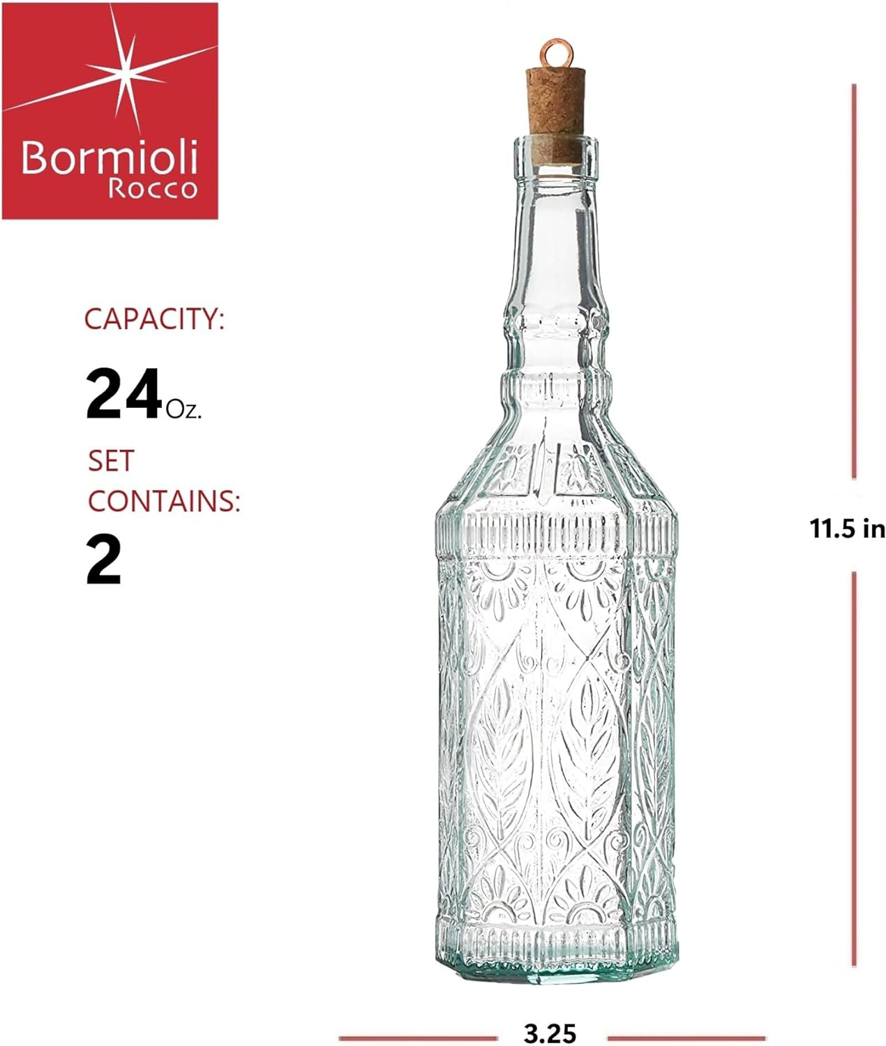 Bormioli Rocco Set Of 2 Country Home Fiesole Bottle, 24-ounce With All Natural Cork Lid, Blue-green Tinted Star Glass, Elegant And Floral Design Made In Italy