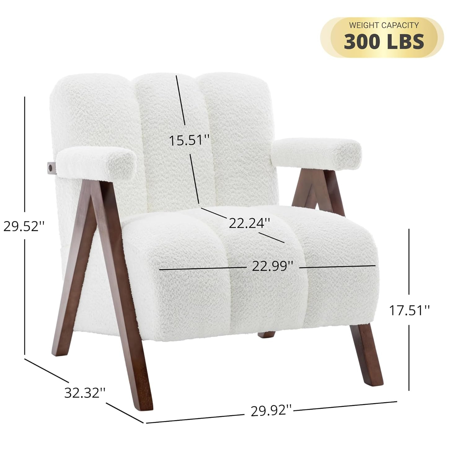 Mid Century Modern Accent Chair with Solid Wood Frame, Boucle Upholstered Living Room Chairs with Thick Cushion, Comfy Tufted Arm Chair for Bedroom, Ivory