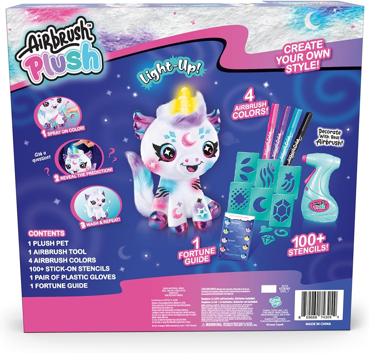 Canal Toys Airbrush Plush Cosmic Light Up Unicorn! Decorate, wash, Repeat! Customize Your own Spray Art Plush. Light up Fortune teller's Horn. Ages 6+