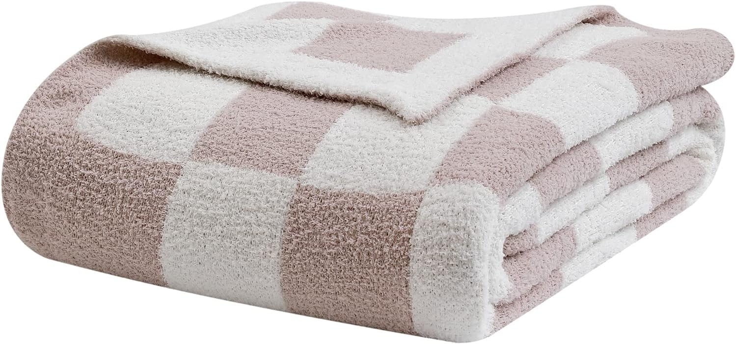 bearberry Fuzzy Checkerboard Grid Throw Blanket Knitted Soft Cozy Warm Microfiber Blanket Decor for Couch Sofa Bed Travel Home (Cream, 40''x50'')