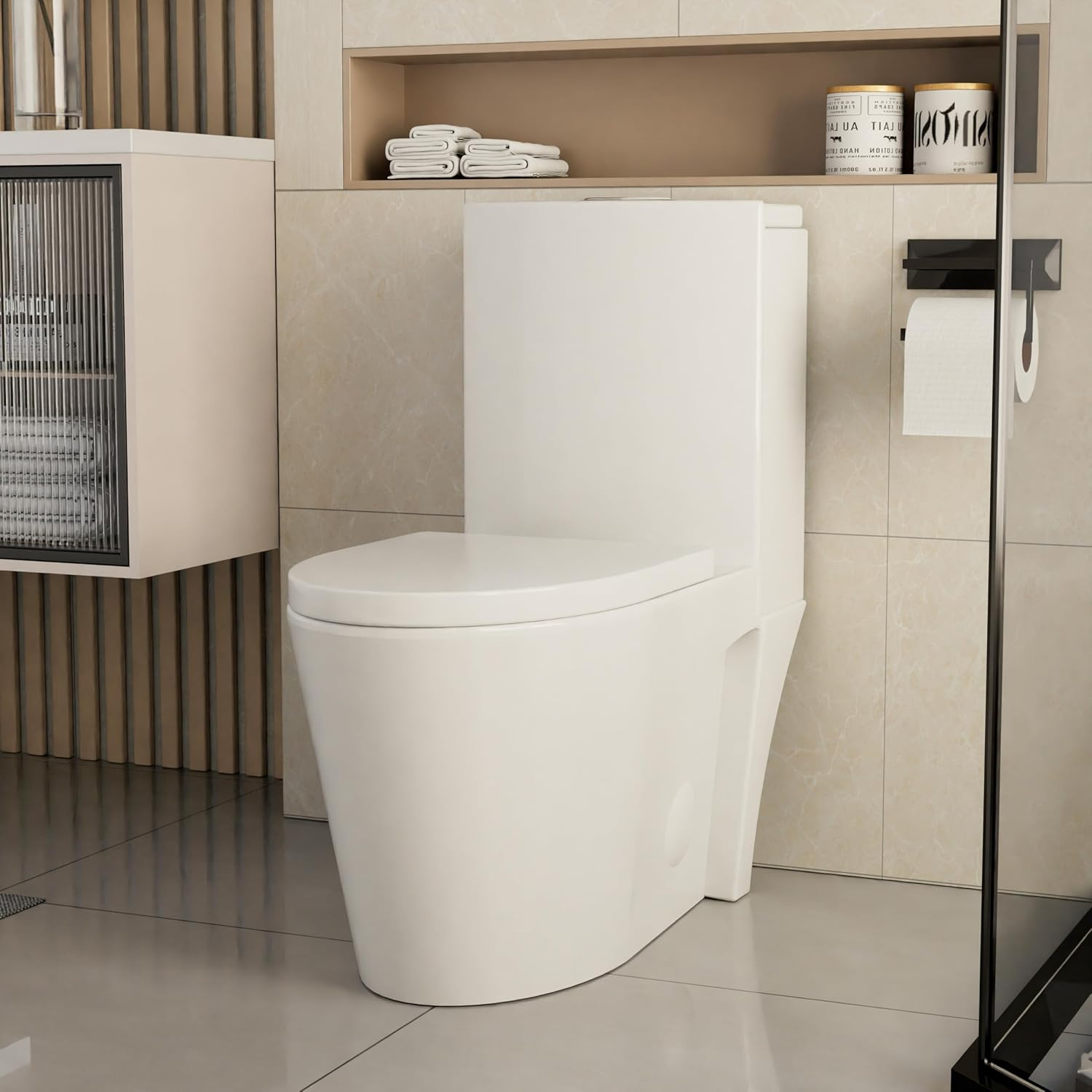 Momei One Piece Toilet,Floor-Discharge Dual Flush,Glossy White - 24.8x13x27.56