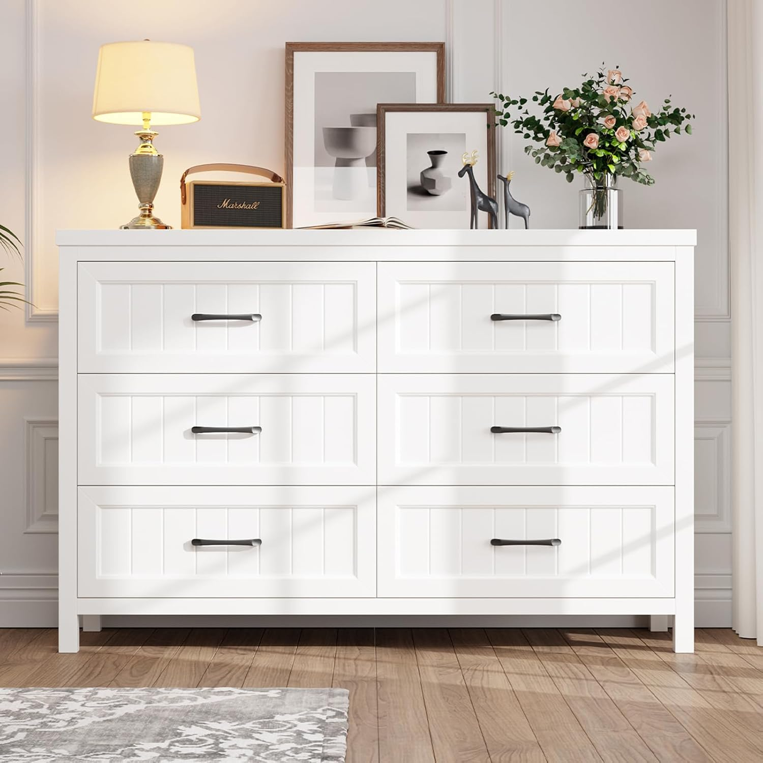 6 Drawer Dresser for Bedroom, Farmhouse Dresser with Deep Drawers, Large White Dresser Wooden Double Dresser Chest of Drawers for Living Room, Hallway, Entryway (White, 6 Drawer)