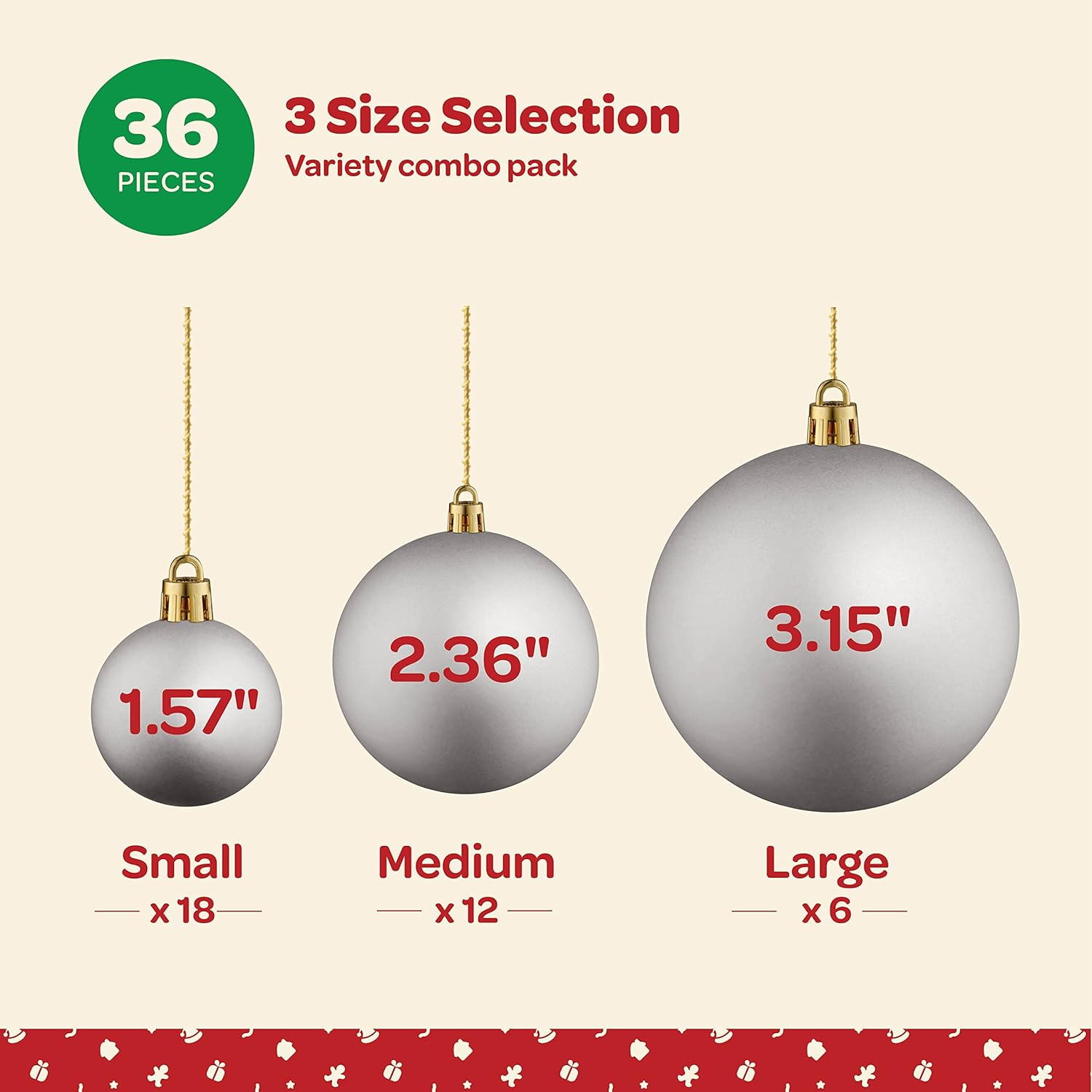 Christmas Ornaments Set of 36 - Beautiful [Silver] Christmas Tree Decorations Ornaments Set - 6 Style Christmas Ball Ornaments - Shatterproof/Pre-Strung - for Holiday/Party/Decorations/DIY