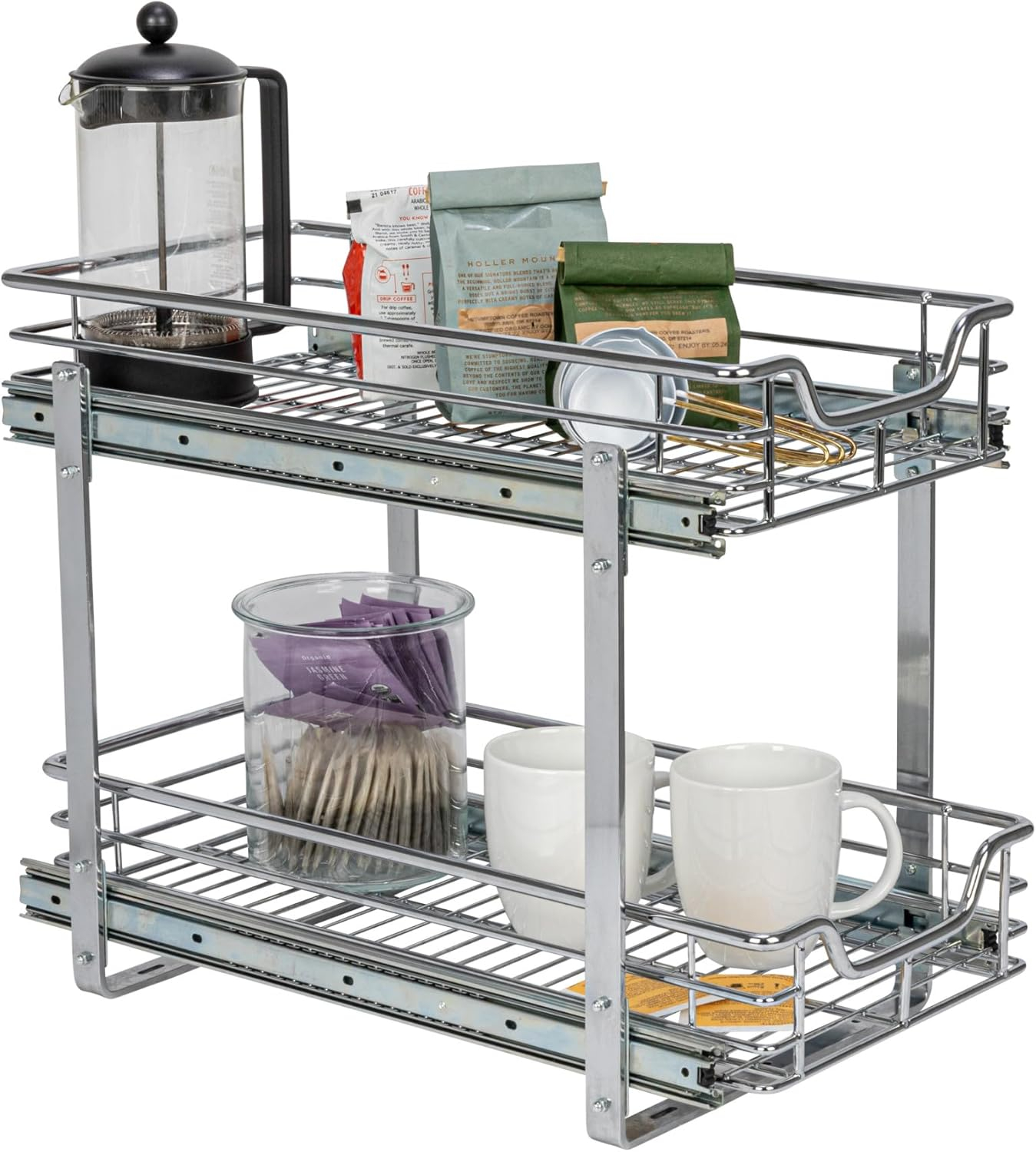Household Essentials Glidez Multipurpose Chrome-Plated Steel Pull-Out/Slide-Out Storage Organizer for Under Cabinet Use - 2-Tier Design - Fits Standard Size Cabinet or Shelf, Chrome