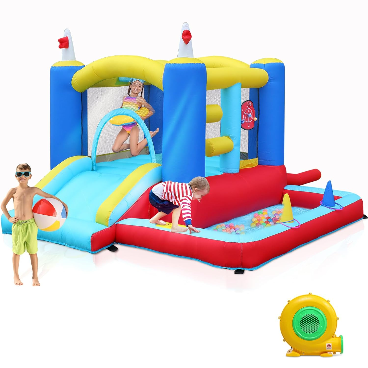 Ktaxon Inflatable Bounce House with Blower for Kids 3+, Indoor & Outdoor Bouncy Castle with Slide, Perfect for Birthday Parties, Backyard, Lawn