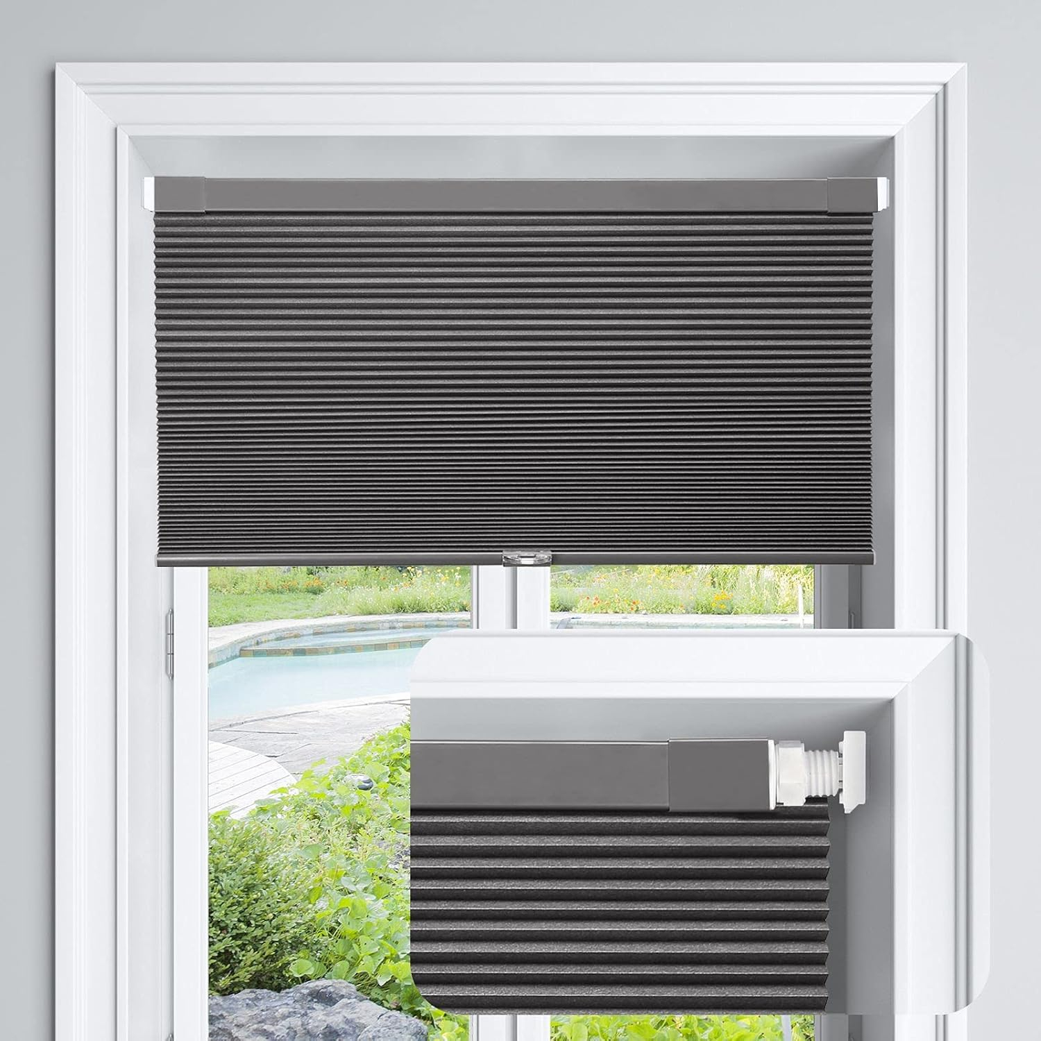 LazBlinds Cordless Cellular Shades, No Tools No Drill Blackout Honeycomb Shades Pleated Blinds for Windows, 24" W x 64" H, Midnight Black